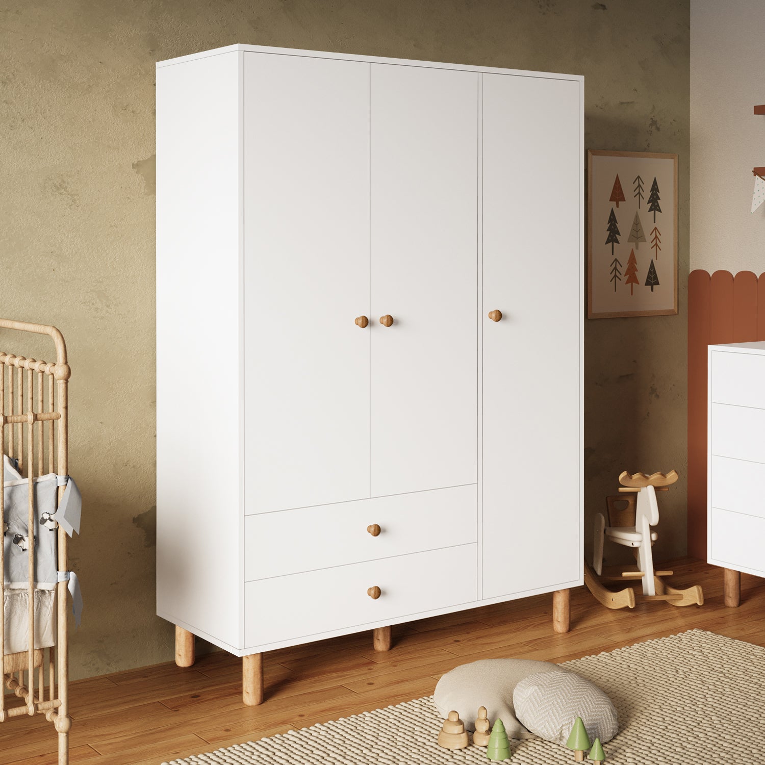 Bimossa KG30 Bunny 120 cm, 3 Kapaklı Gardırop, 2 Çekmeceli Yüksek Ayaklı Çocuk Odası Gardırobu