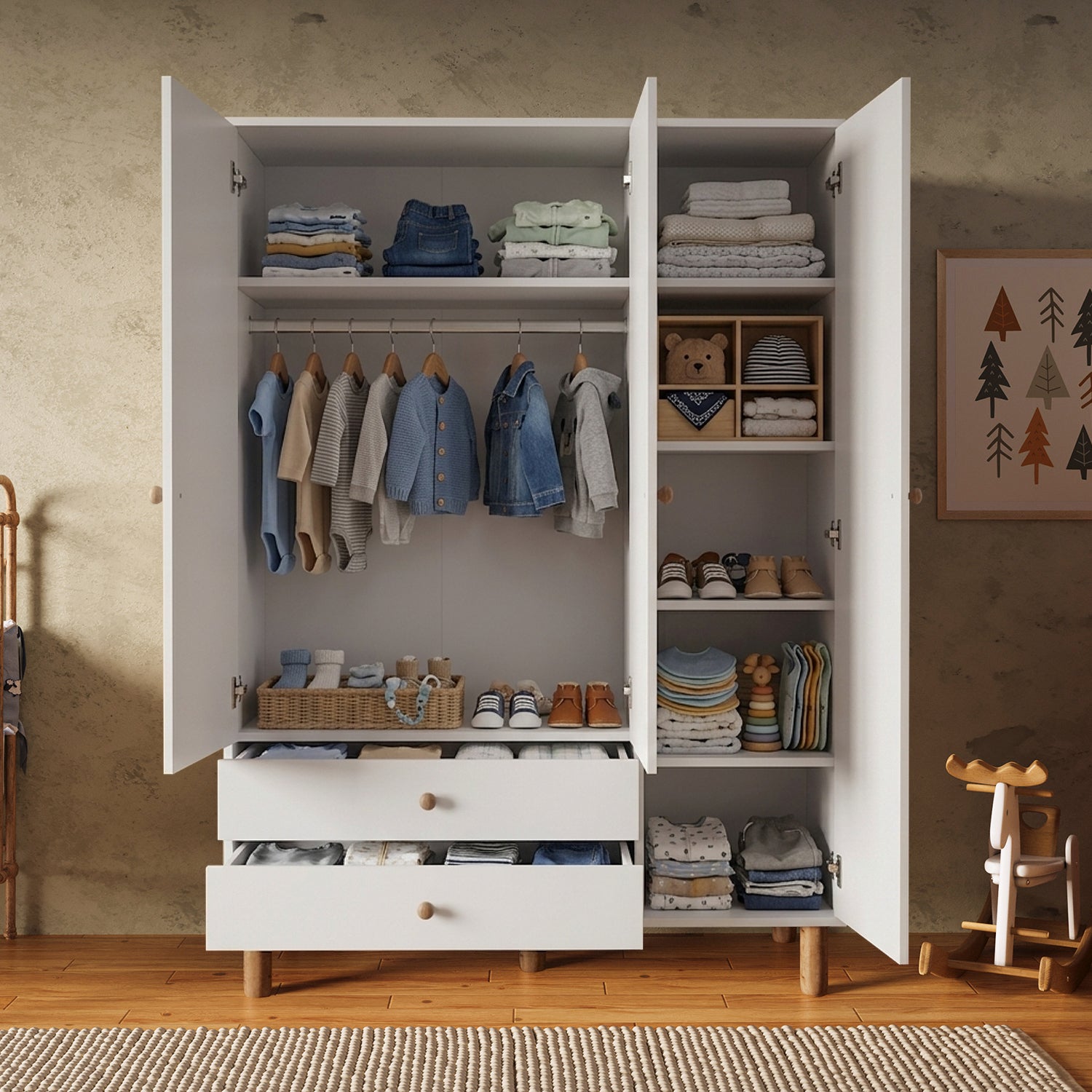 Bimossa KG30 Bunny 120 cm, 3 Kapaklı Gardırop, 2 Çekmeceli Yüksek Ayaklı Çocuk Odası Gardırobu