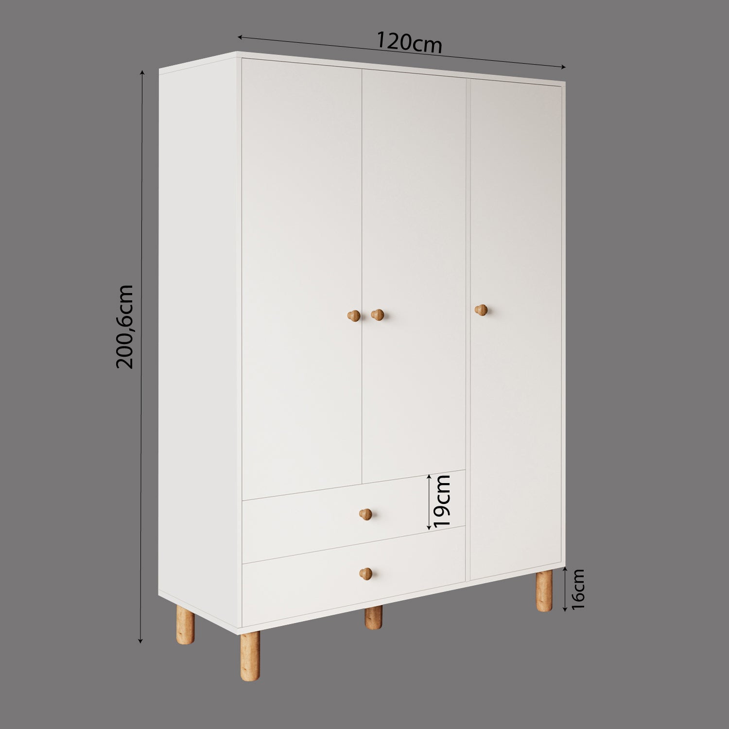 Bimossa KG30 Bunny 120 cm, 3 Kapaklı Gardırop, 2 Çekmeceli Yüksek Ayaklı Çocuk Odası Gardırobu