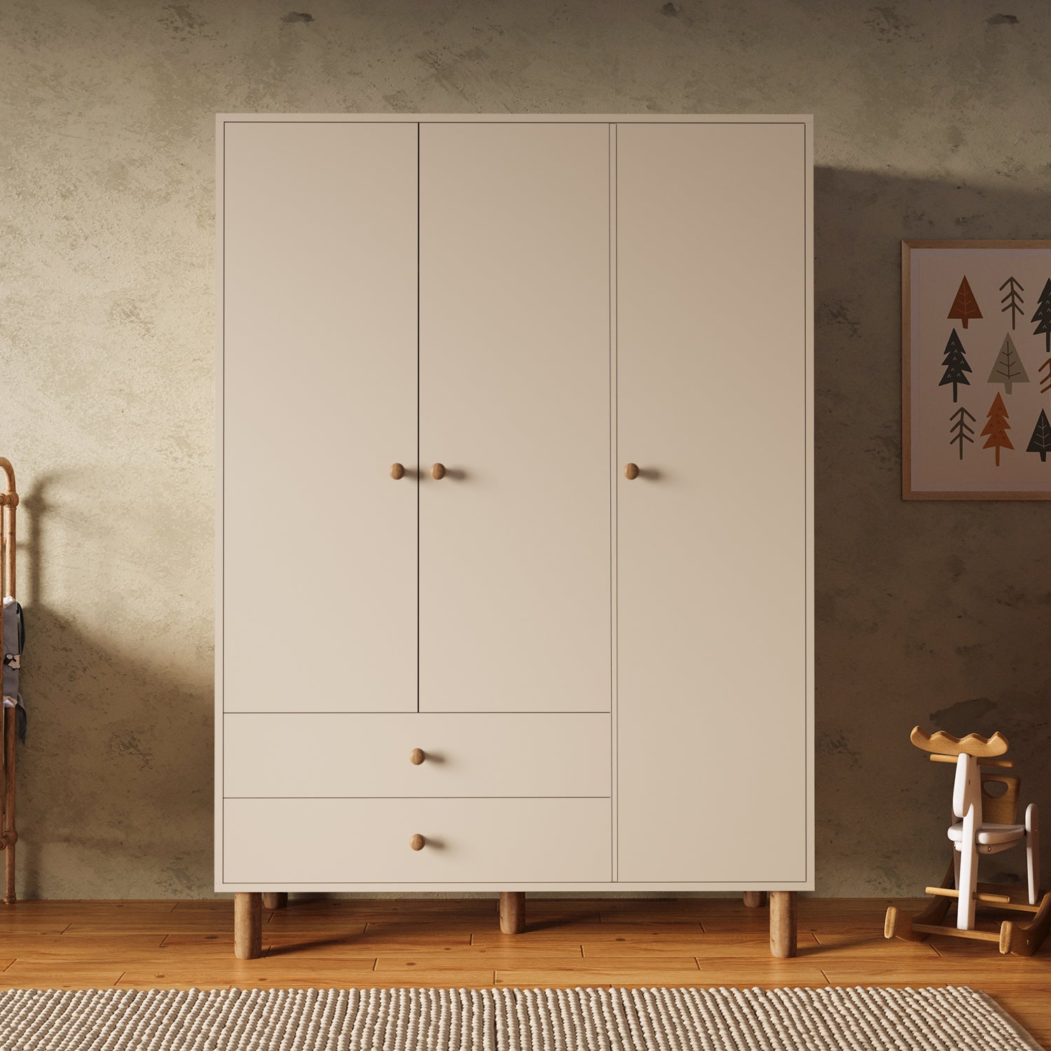 Bimossa KG30 Bunny 120 cm, 3 Kapaklı Gardırop, 2 Çekmeceli Yüksek Ayaklı Çocuk Odası Gardırobu