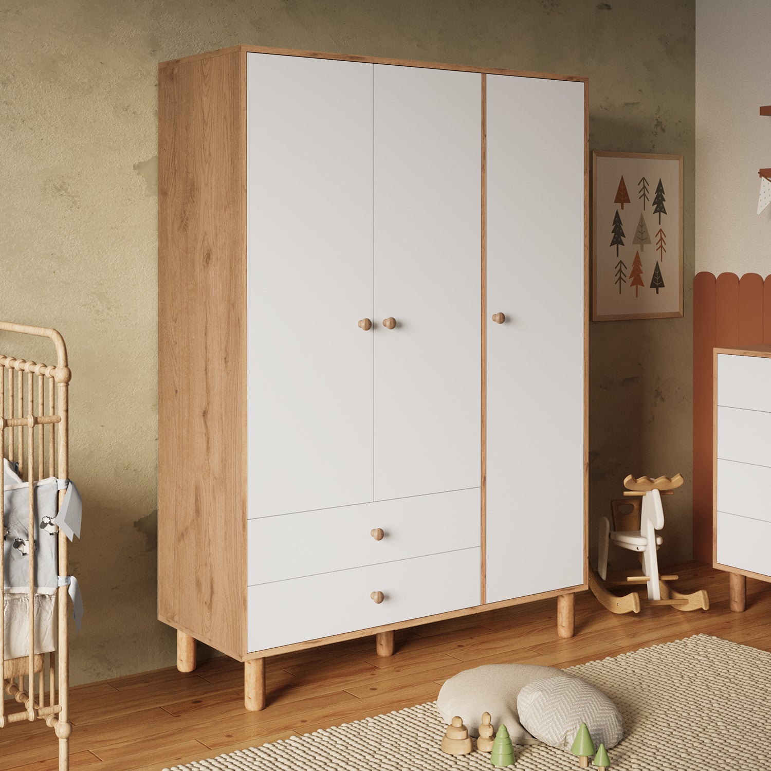 Bimossa KG30 Bunny 120 cm, 3 Kapaklı Gardırop, 2 Çekmeceli Yüksek Ayaklı Çocuk Odası Gardırobu