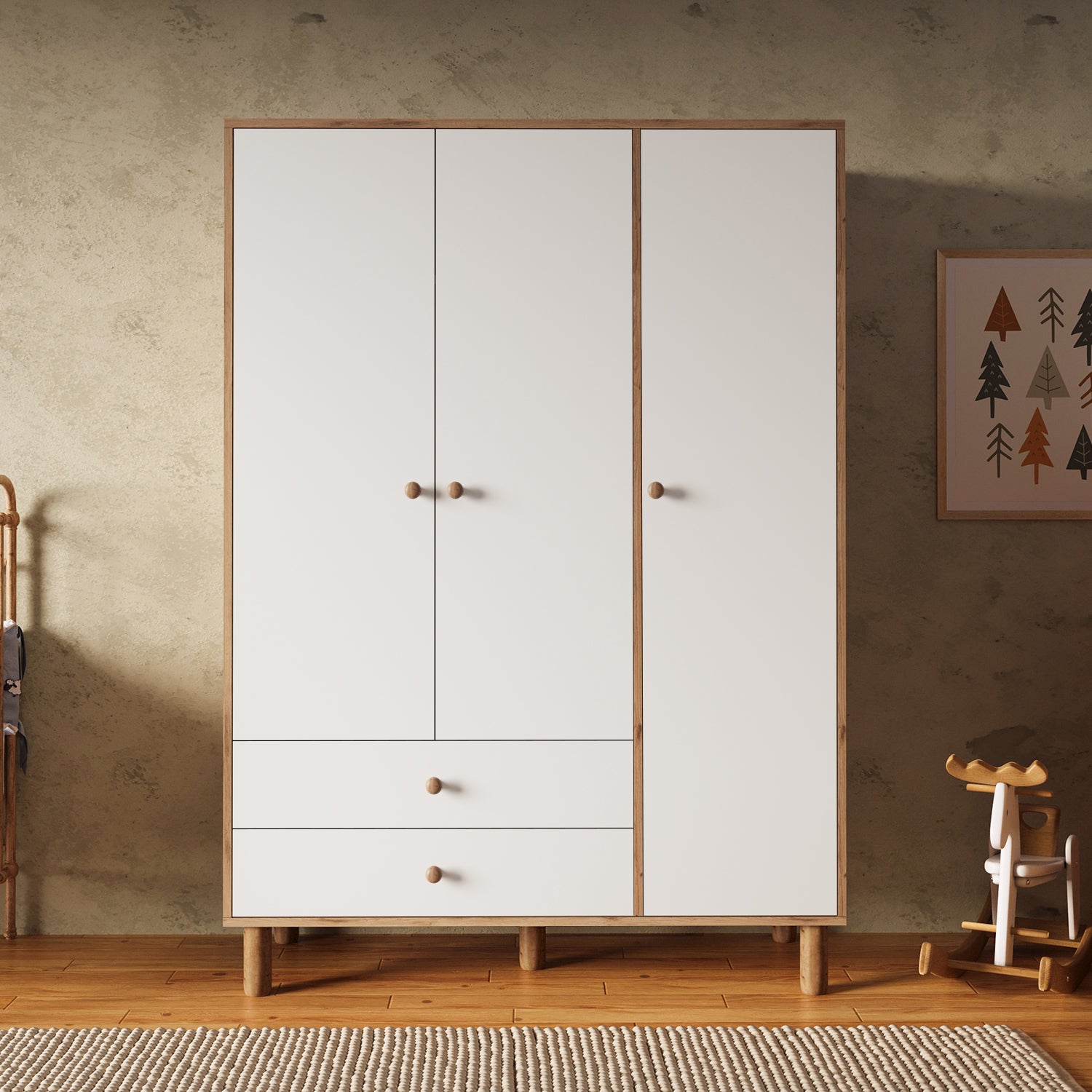 Bimossa KG30 Bunny 120 cm, 3 Kapaklı Gardırop, 2 Çekmeceli Yüksek Ayaklı Çocuk Odası Gardırobu