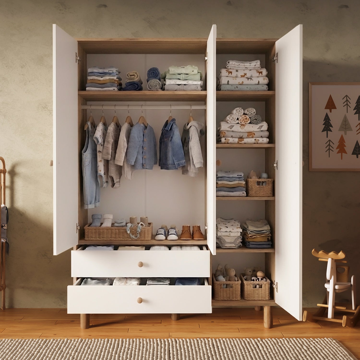 Bimossa KG30 Bunny 120 cm, 3 Kapaklı Gardırop, 2 Çekmeceli Yüksek Ayaklı Çocuk Odası Gardırobu