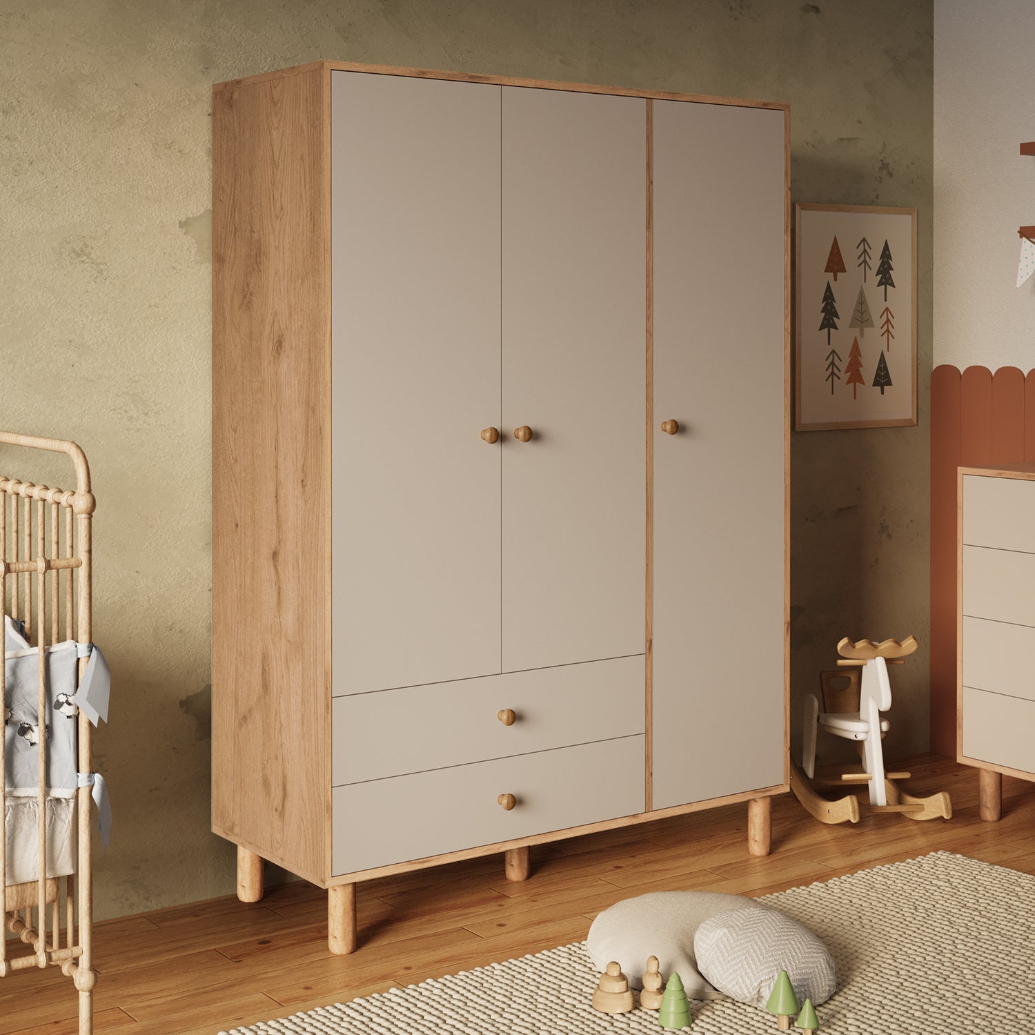 Bimossa KG30 Bunny 120 cm, 3 Kapaklı Gardırop, 2 Çekmeceli Yüksek Ayaklı Çocuk Odası Gardırobu