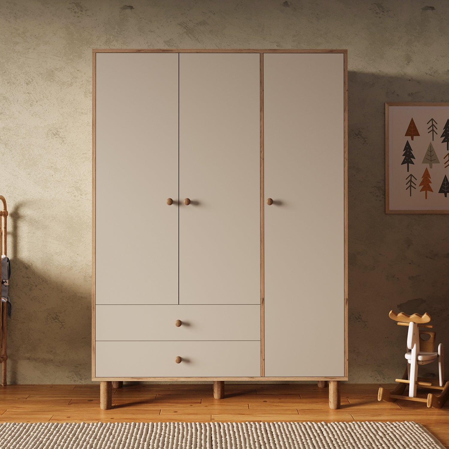 Bimossa KG30 Bunny 120 cm, 3 Kapaklı Gardırop, 2 Çekmeceli Yüksek Ayaklı Çocuk Odası Gardırobu