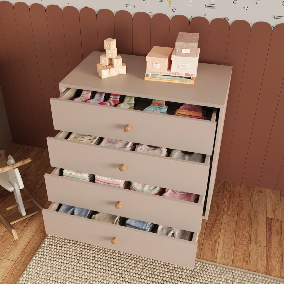 Bimossa TK20 Bunny 2 Kapaklı Gardırop ve 4 Çekmeceli Şifonyer, Yüksek Ayaklı Çocuk Odası Takımı