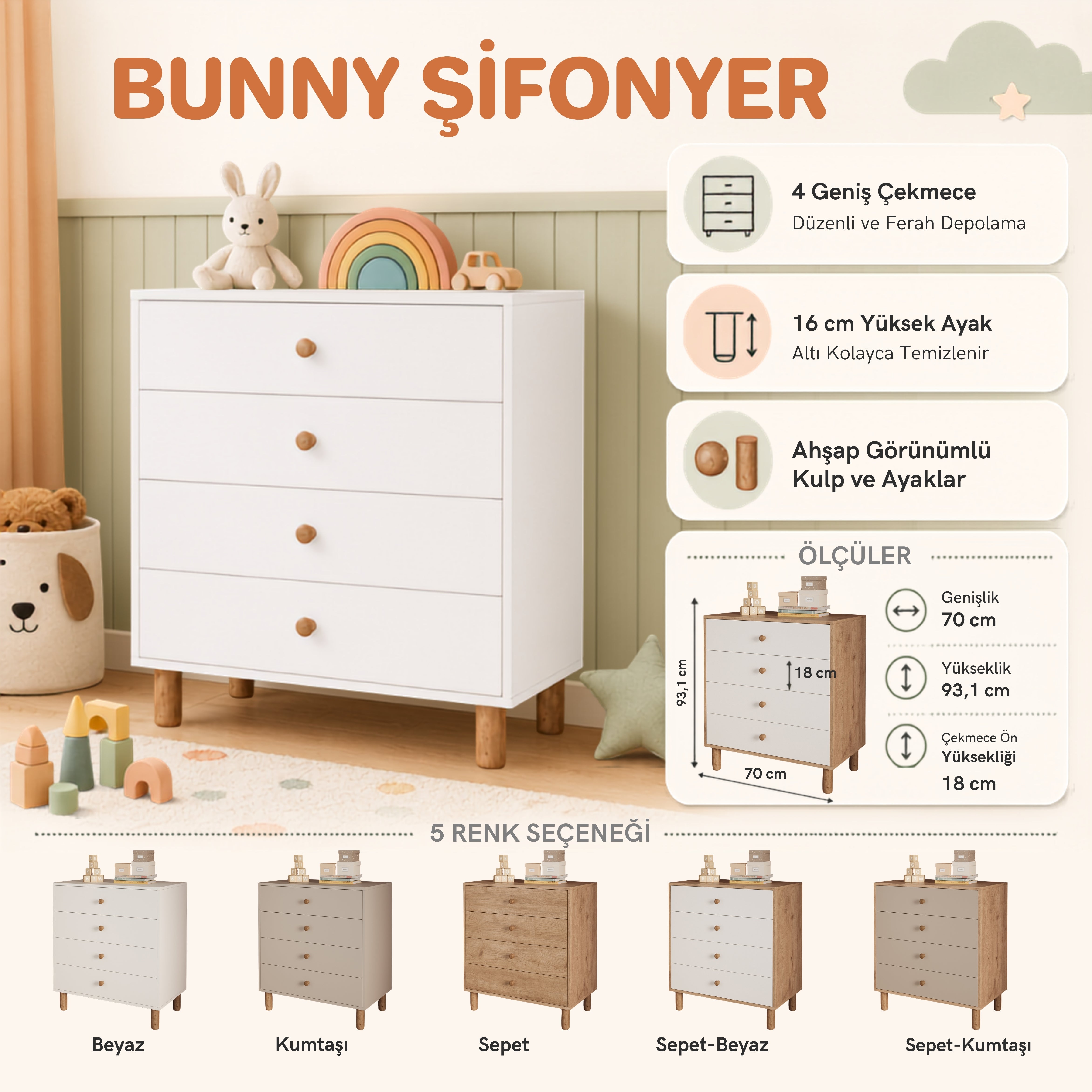 Bimossa N30 Bunny 70 cm, 4 Çekmeceli Yüksek Ayaklı Çocuk Odası Şifonyeri