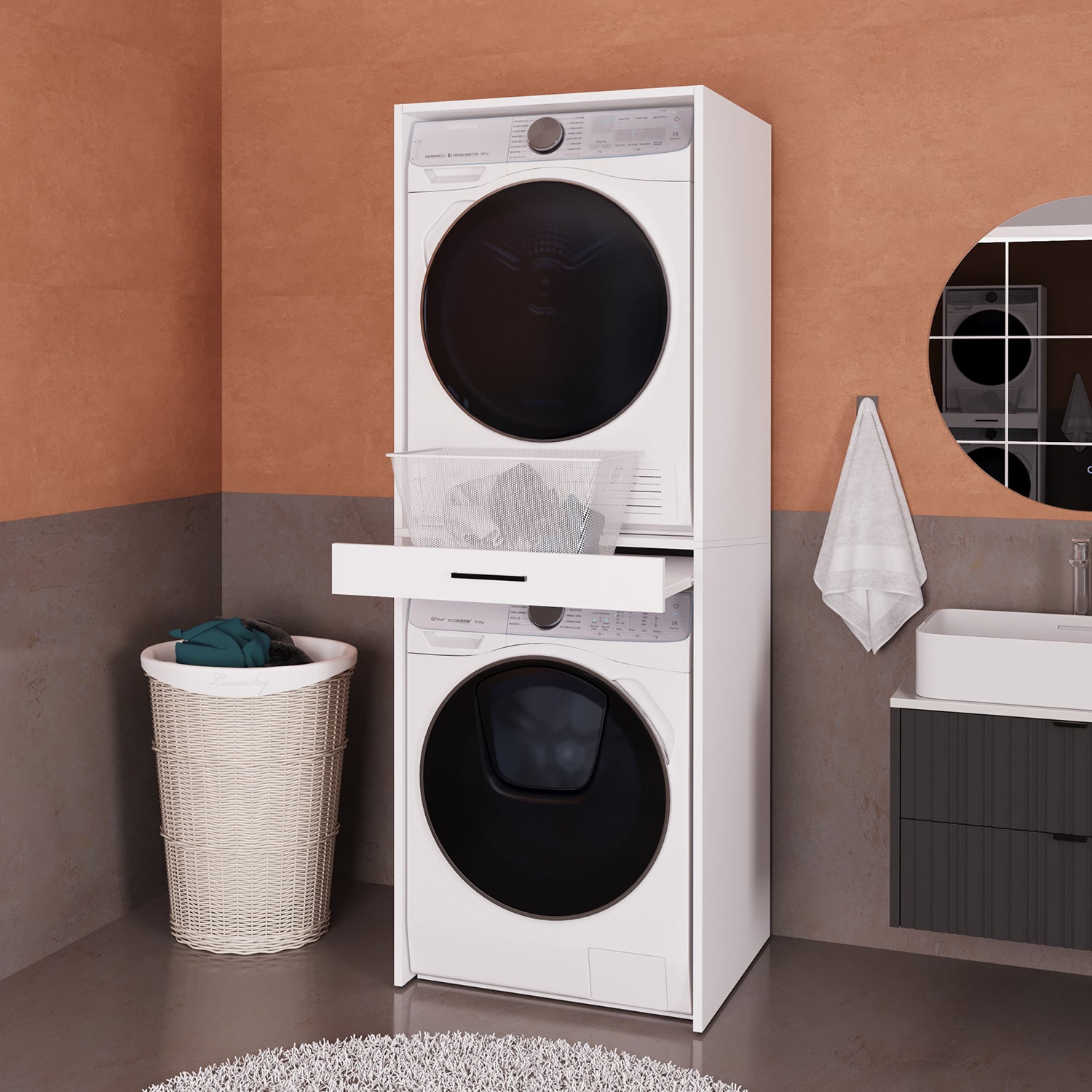 Bimossa Y01 Linora Çamaşır ve Kurutma Makinesi Dolabı Beyaz, Çamaşır Sepeti Çekmeceli Banyo Dolabı