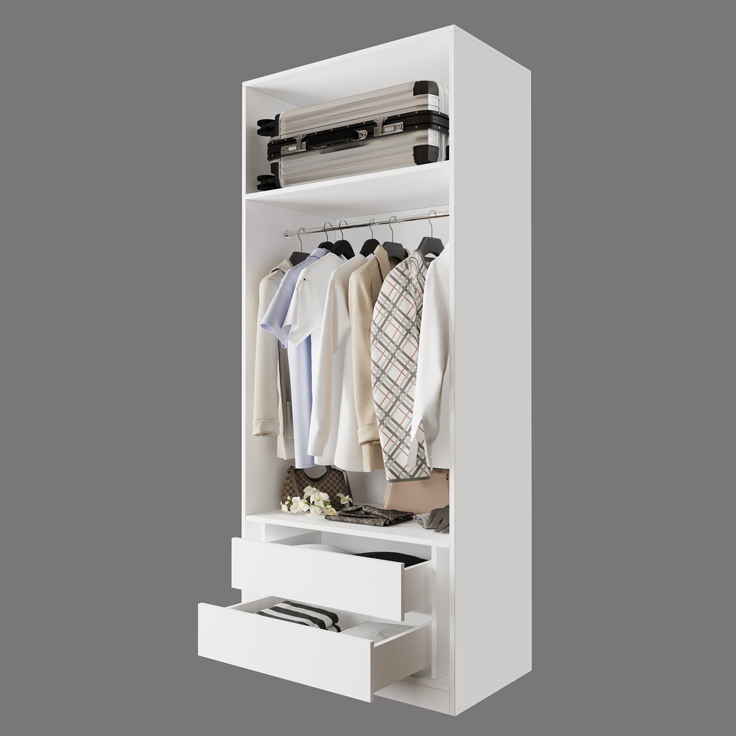 Bimossa KA50 Goss Tekli Kapaksız Gardırop, Askılı ve Çekmeceli Tekli Elbise Dolabı, Modern Tasarım Açık Beyaz Giyinme Dolabı