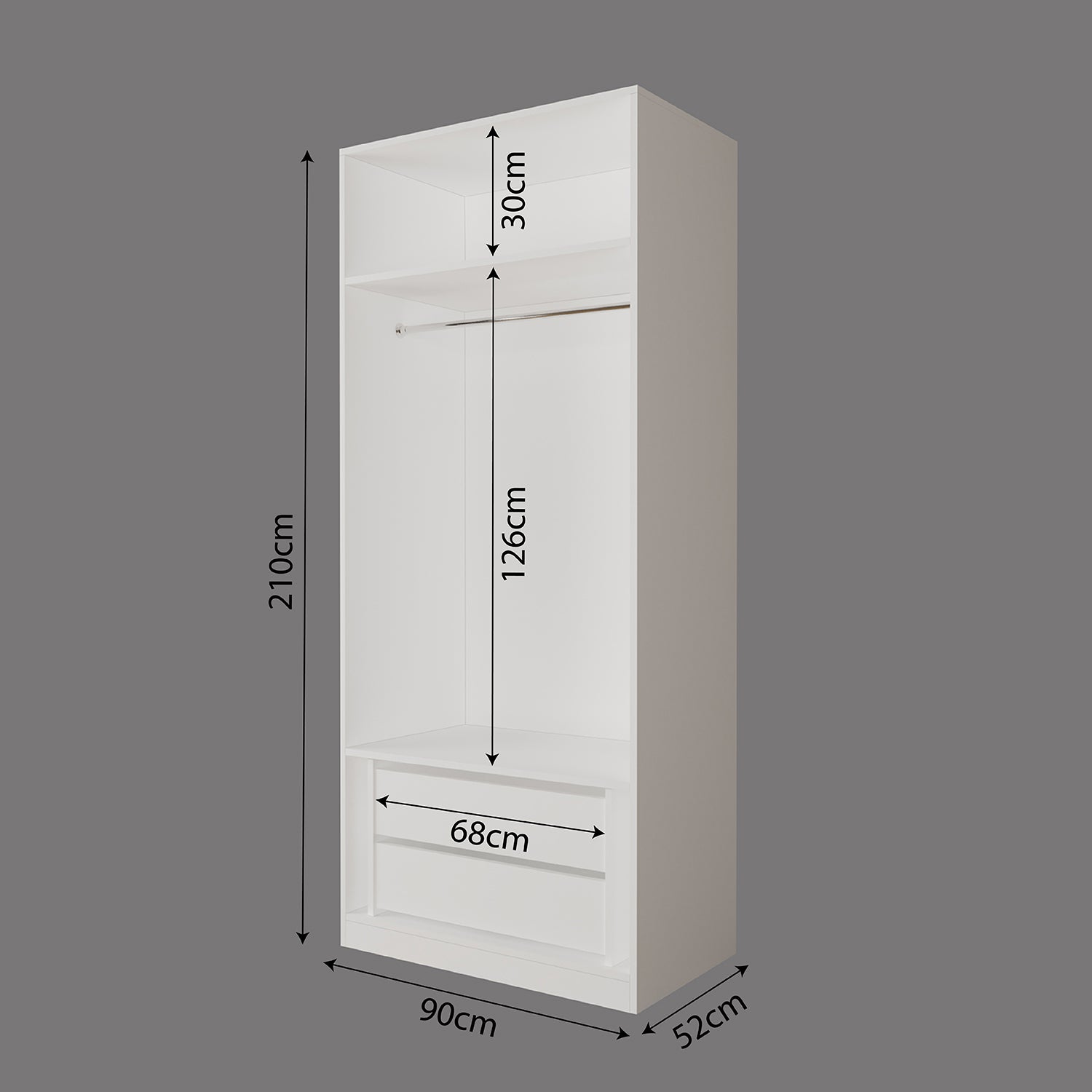 Bimossa KA50 Goss Tekli Kapaksız Gardırop, Askılı ve Çekmeceli Tekli Elbise Dolabı, Modern Tasarım Açık Beyaz Giyinme Dolabı