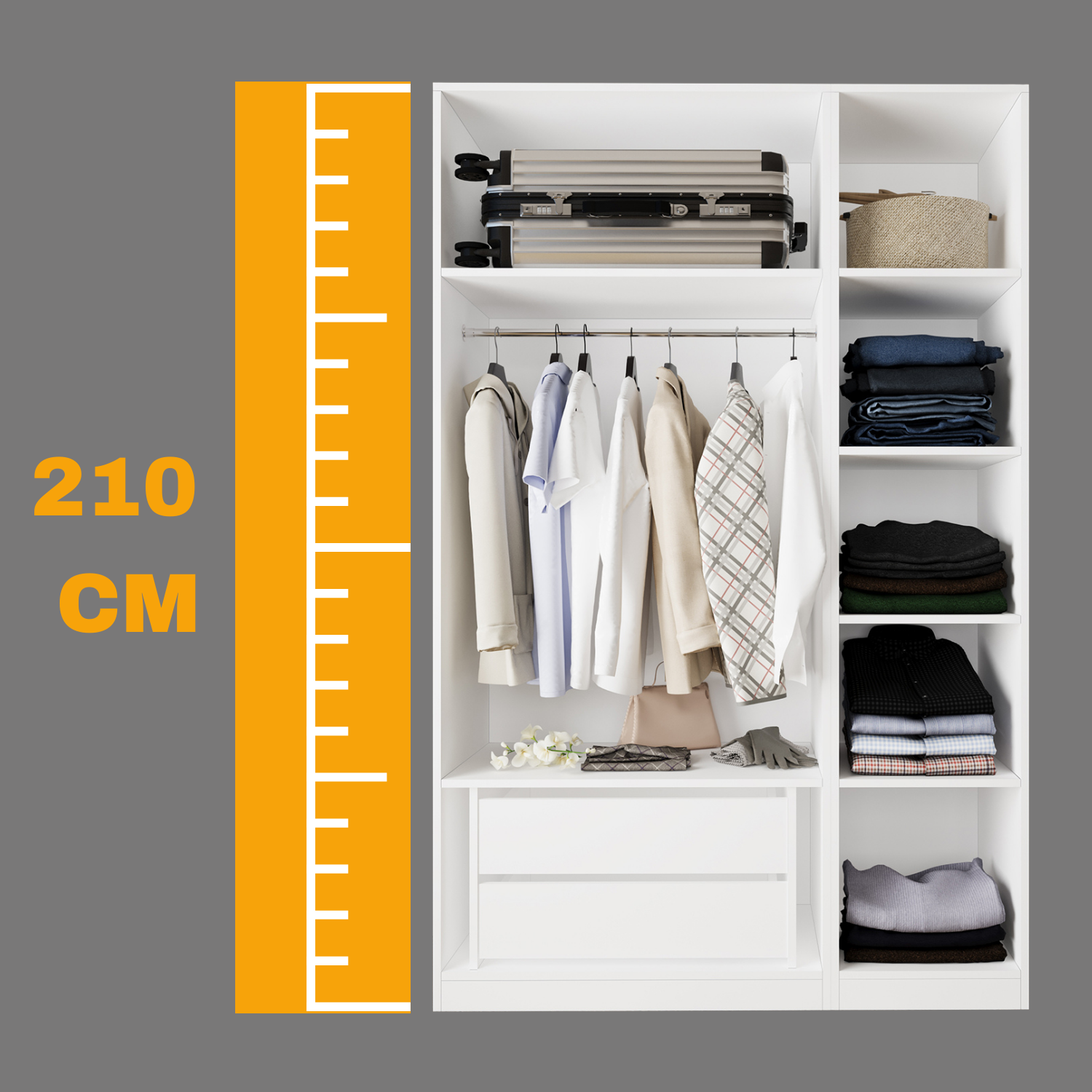 Bimossa KB50 Goss 135 cm İkili Kapaksız İki Bölmeli Dar Gardırop, Askılı, Çekmeceli ve Raflı Açık Giyinme Dolabı, Beyaz Modern Elbise Dolabı