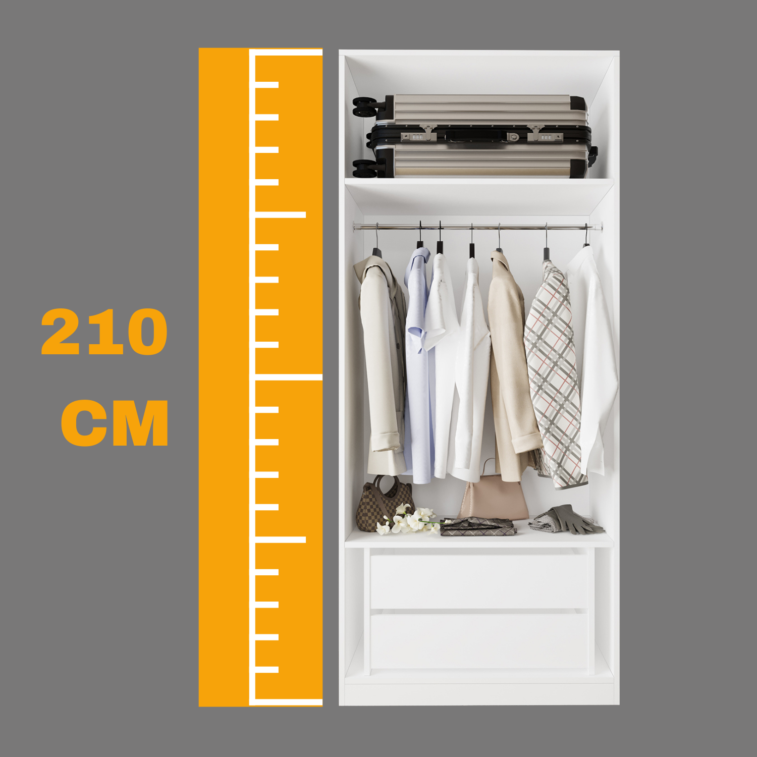 Bimossa KA50 Goss Tekli Kapaksız Gardırop, Askılı ve Çekmeceli Tekli Elbise Dolabı, Modern Tasarım Açık Beyaz Giyinme Dolabı