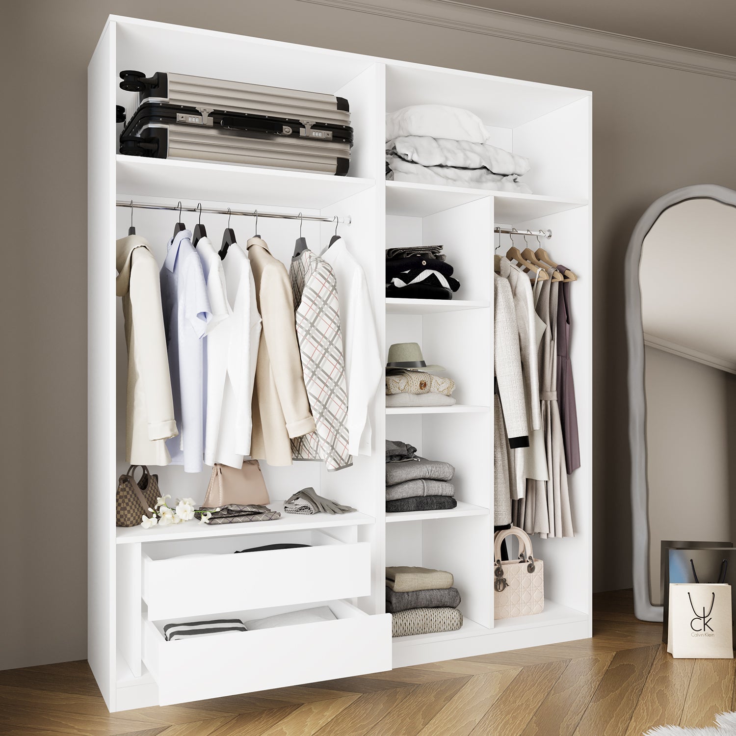 Bimossa KC50 Goss 180 cm İkili Geniş Açık Gardırop, 2 Askılı, 3 Raflı ve 2 Çekmeceli Kapaksız Beyaz Elbise Dolabı