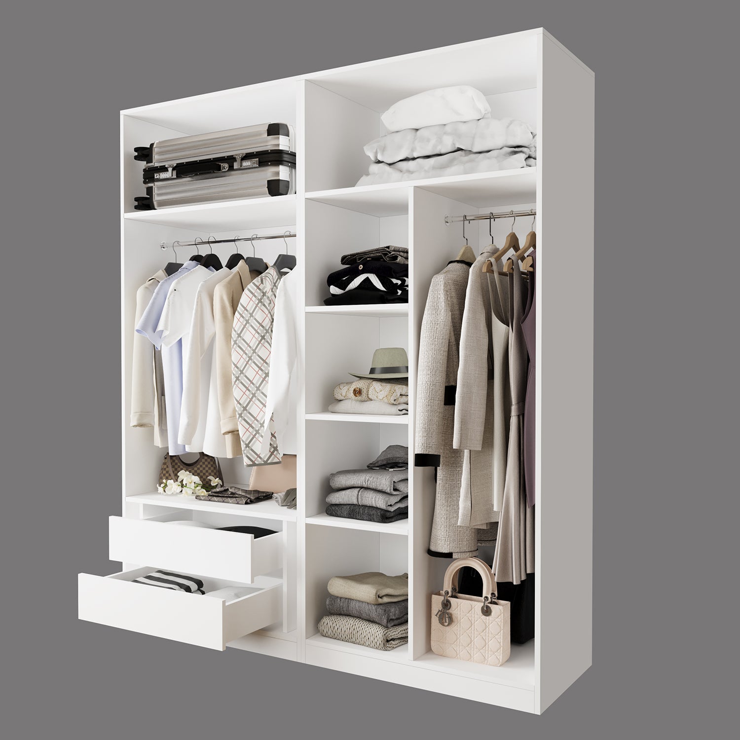 Bimossa KC50 Goss 180 cm İkili Geniş Açık Gardırop, 2 Askılı, 3 Raflı ve 2 Çekmeceli Kapaksız Beyaz Elbise Dolabı