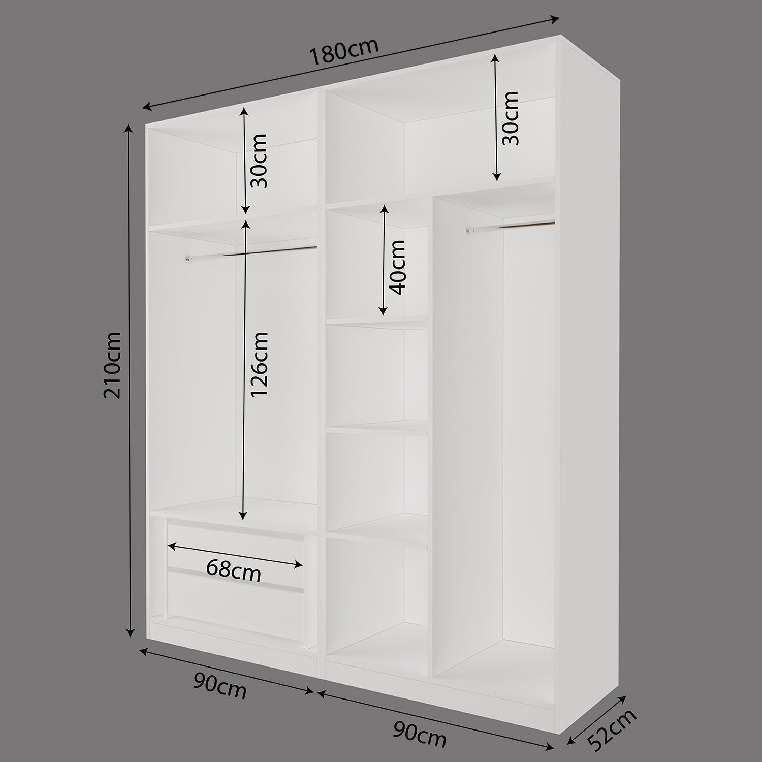Bimossa KC60 Goss 180 cm İkili Geniş 4 Kapaklı, 2 Çekmeceli, 2 Askılı ve 2 Yüklüklü, Yatak Odası Dolabı, Beyaz Kapaklı Gardırop