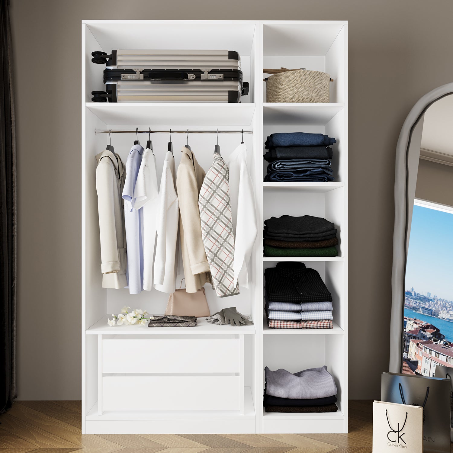 Bimossa KB50 Goss 135 cm İkili Kapaksız İki Bölmeli Dar Gardırop, Askılı, Çekmeceli ve Raflı Açık Giyinme Dolabı, Beyaz Modern Elbise Dolabı