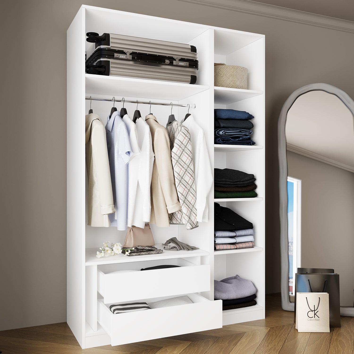 Bimossa KB50 Goss 135 cm İkili Kapaksız İki Bölmeli Dar Gardırop, Askılı, Çekmeceli ve Raflı Açık Giyinme Dolabı, Beyaz Modern Elbise Dolabı