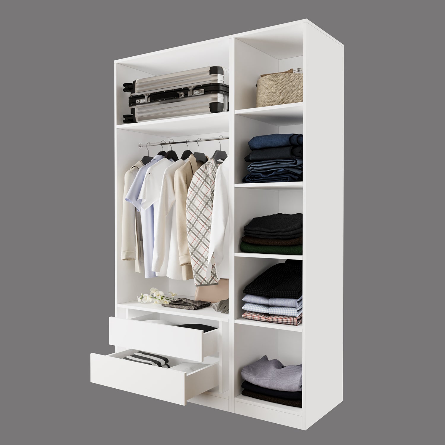 Bimossa KB50 Goss 135 cm İkili Kapaksız İki Bölmeli Dar Gardırop, Askılı, Çekmeceli ve Raflı Açık Giyinme Dolabı, Beyaz Modern Elbise Dolabı