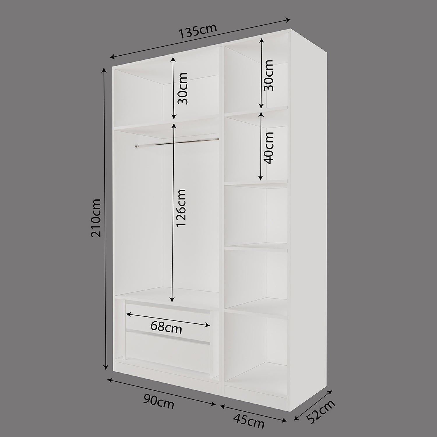 Bimossa KB50 Goss 135 cm İkili Kapaksız İki Bölmeli Dar Gardırop, Askılı, Çekmeceli ve Raflı Açık Giyinme Dolabı, Beyaz Modern Elbise Dolabı