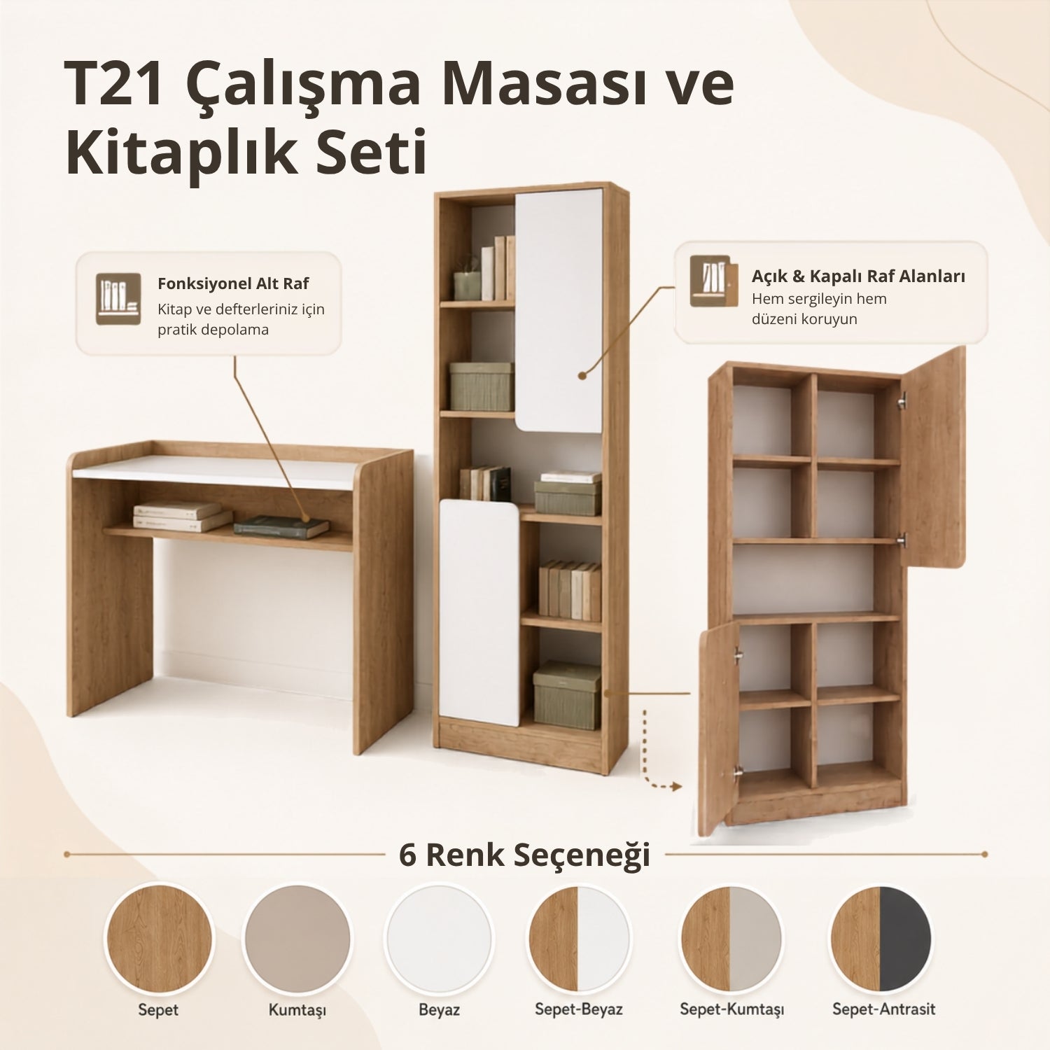 Bimossa T21 Daffy Çalışma Masası ve Kitaplık Takımı - Raflı Masa ve 2 Kapaklı 9 Bölmeli Kitaplık