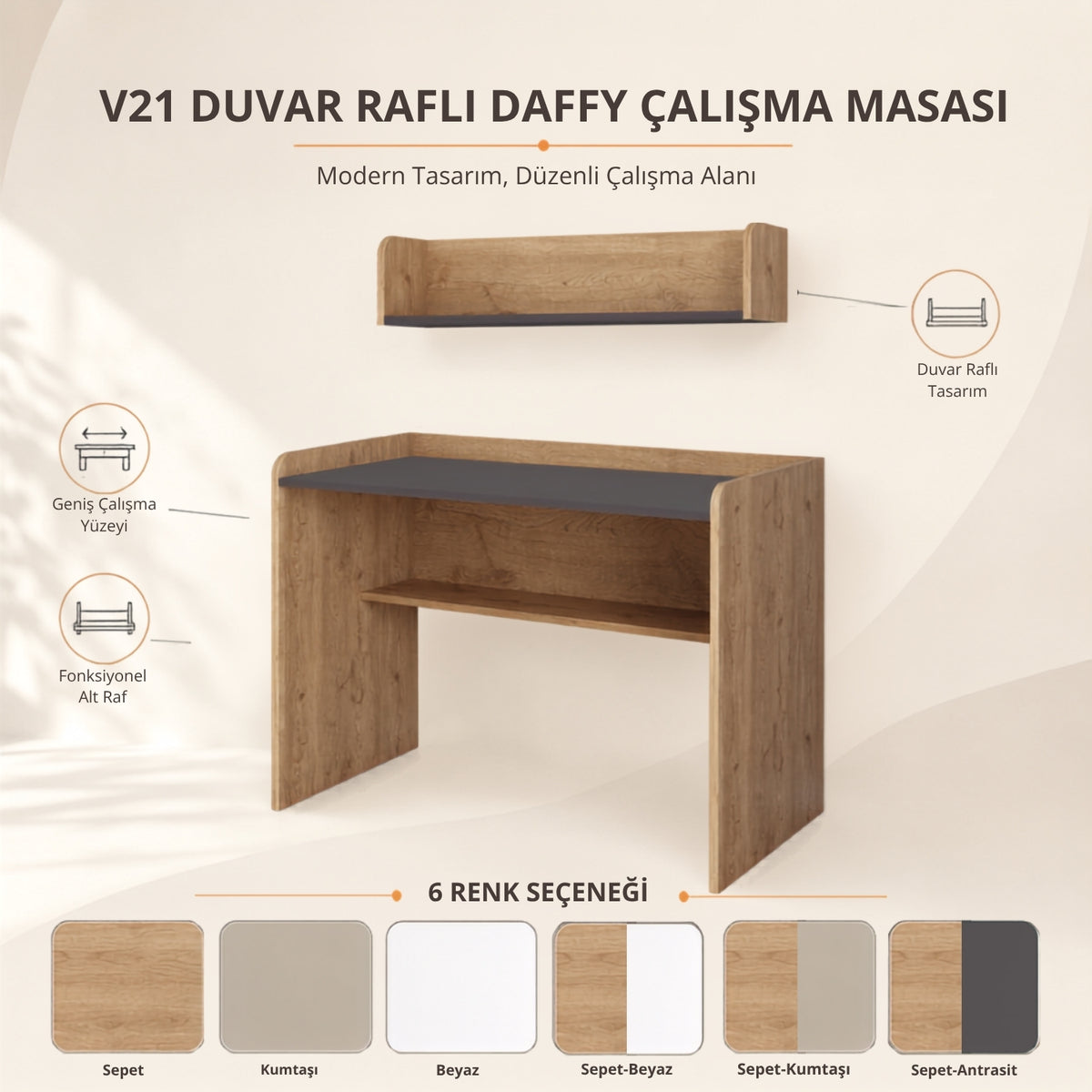Bimossa V21 Daffy Duvar Raflı Çalışma Masası Seti - 117,3 cm Geniş, 94 cm Duvar Raflı ve Yuvarlatılmış Köşeli