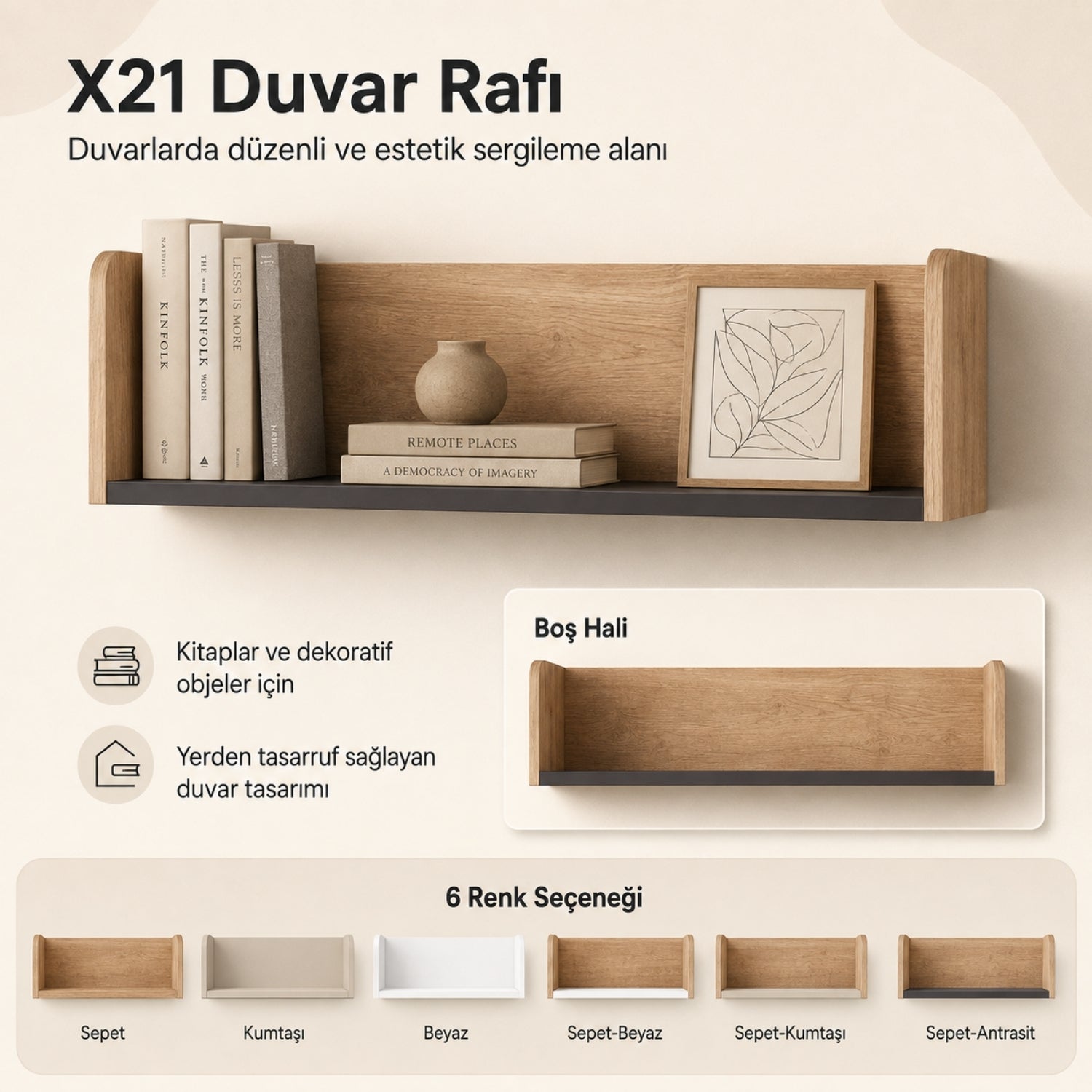 Bimossa X21 Daffy Duvar Rafı - 94 cm Geniş, 24 cm Derin ve Yuvarlatılmış Köşeli