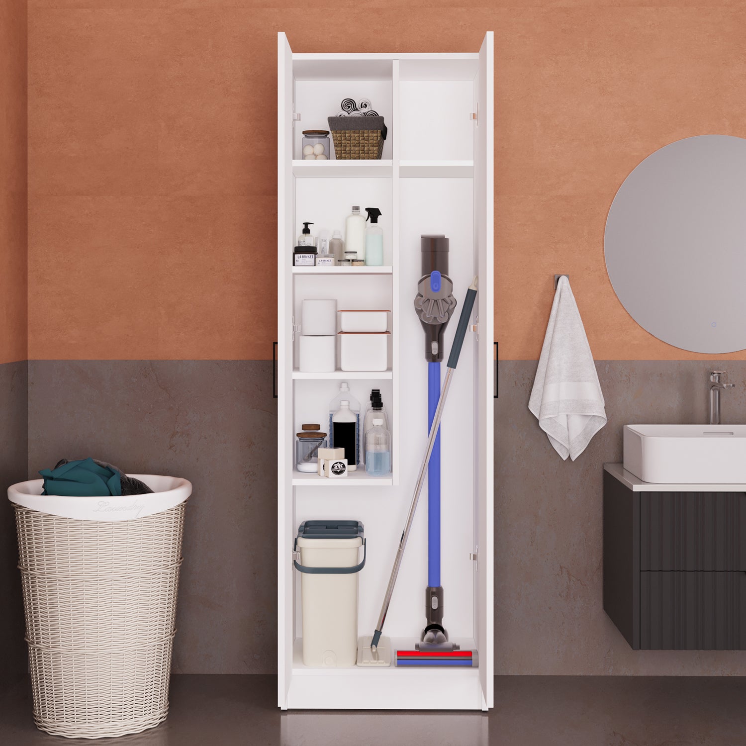 Bimossa Y02 Pureva Çok Amaçlı Banyo Dolabı Beyaz, Kapaklı Raflı Düzenleyici Depolama ve Temizlik Dolabı