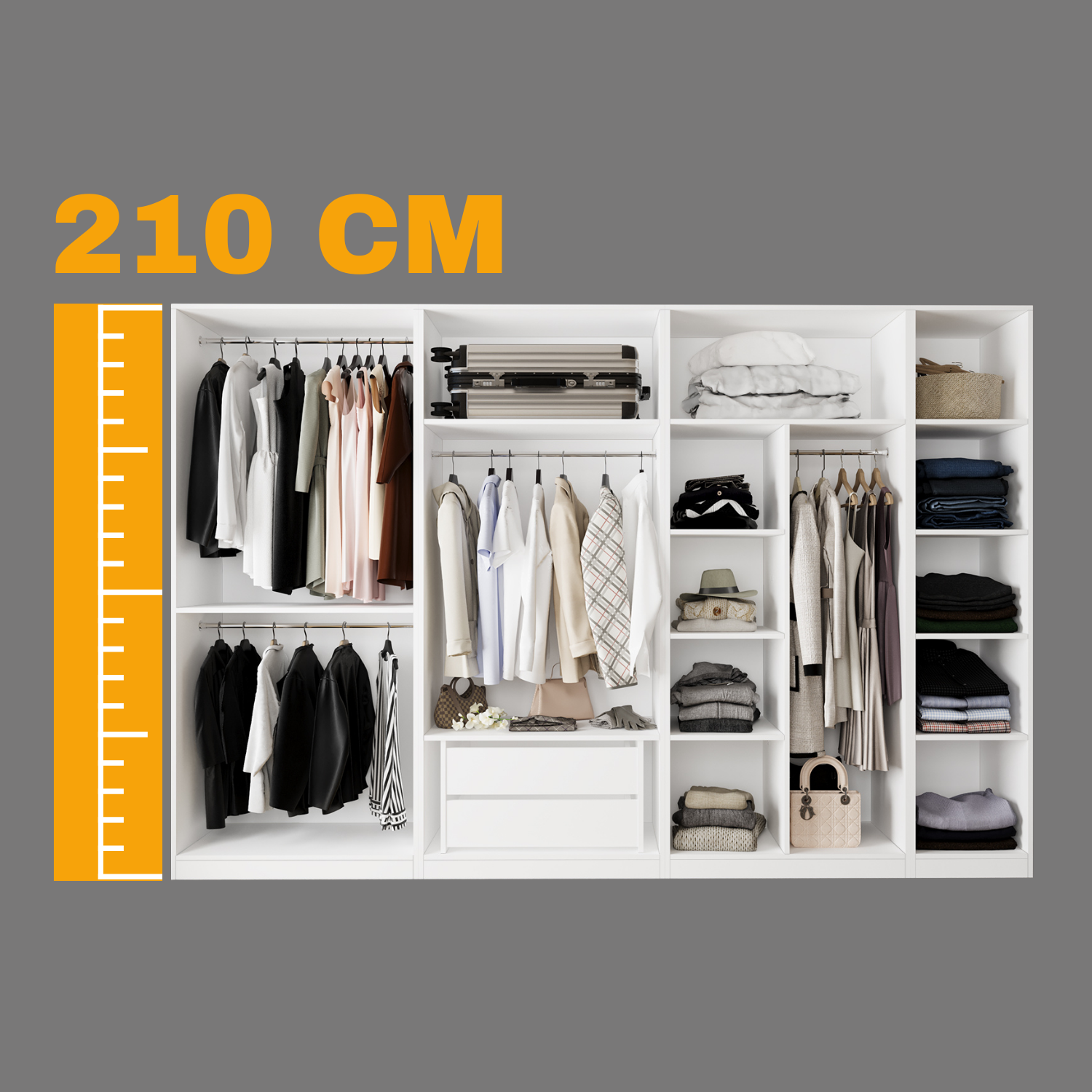 Bimossa KF10 Goss Dörtlü 315 cm Modüler Açık Gardırop, 3 Askılı + 1 Boy Askılı, 9 Raflı, 2 Çekmeceli Geniş Beyaz Dolap