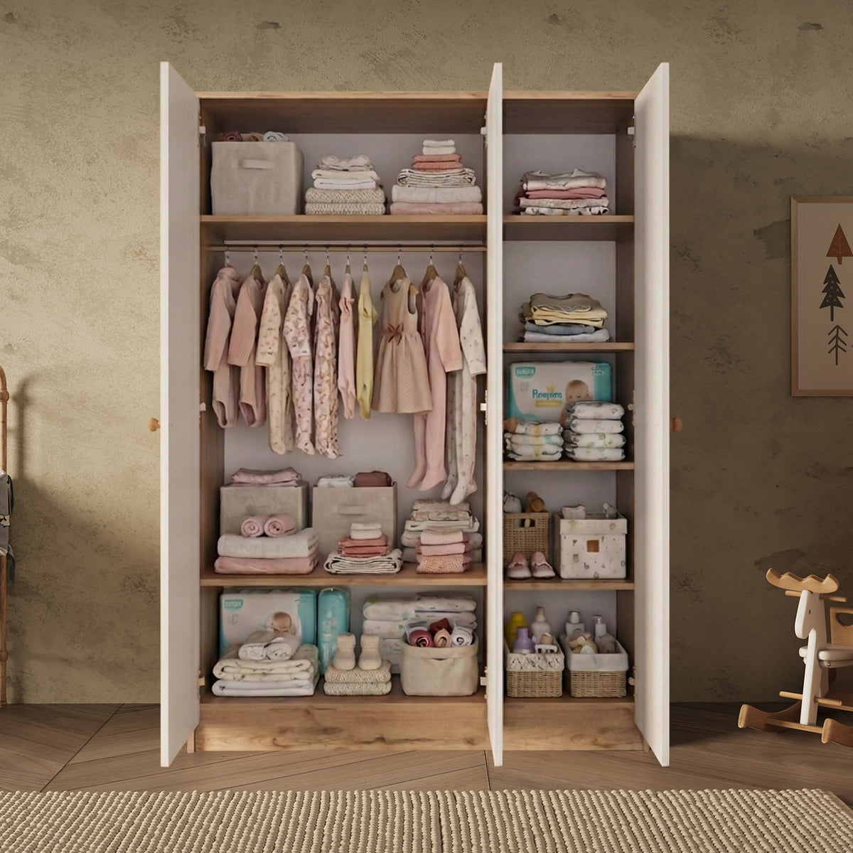 Bimossa KG31 Daffy Üç Kapaklı Gardırop - Askılı ve Çok Raflı Geniş Hacimli Bebek Odası Dolabı