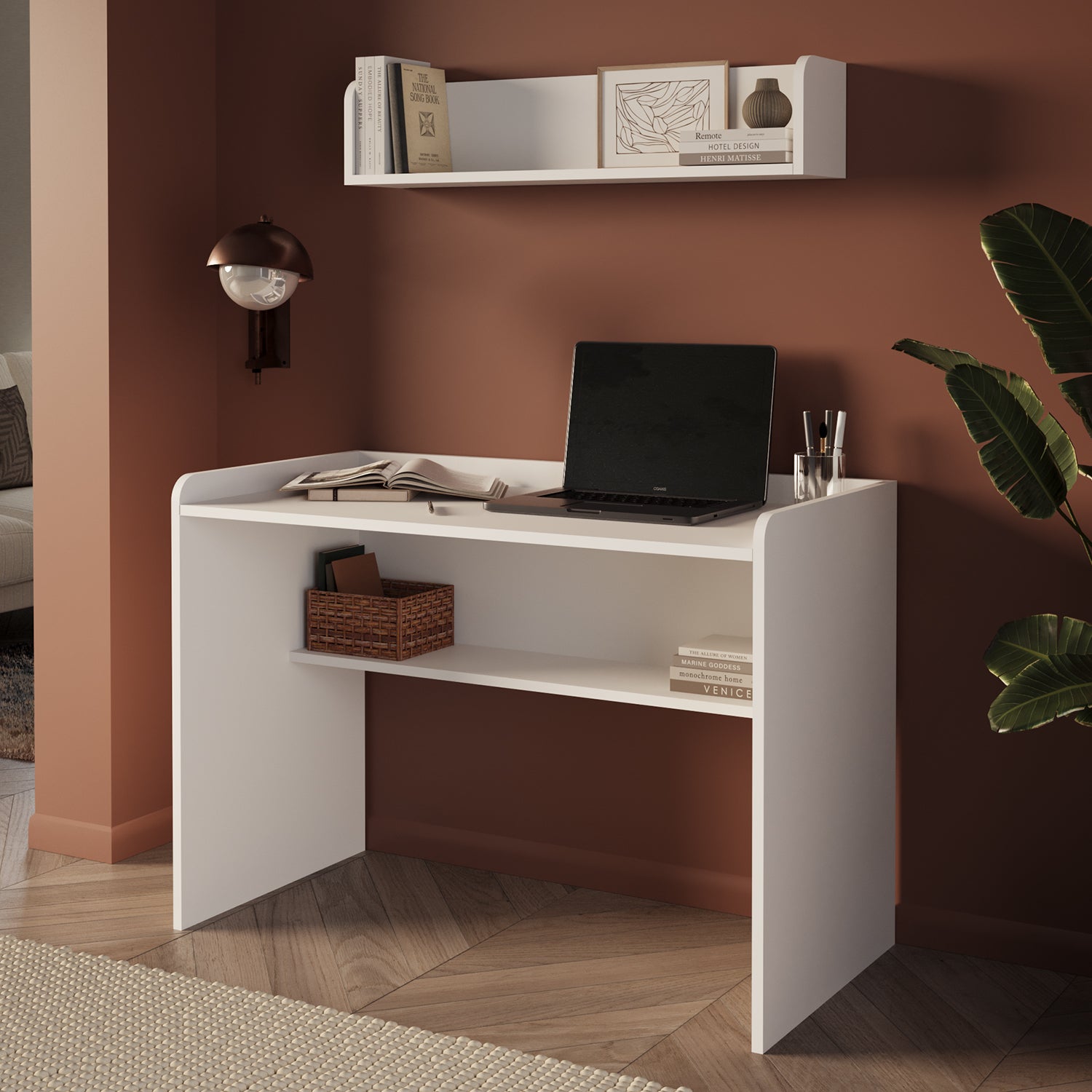 Bimossa V21 Daffy Duvar Raflı Çalışma Masası Seti - 113,7 cm Geniş, 90 cm Duvar Raflı ve Yuvarlatılmış Köşeli