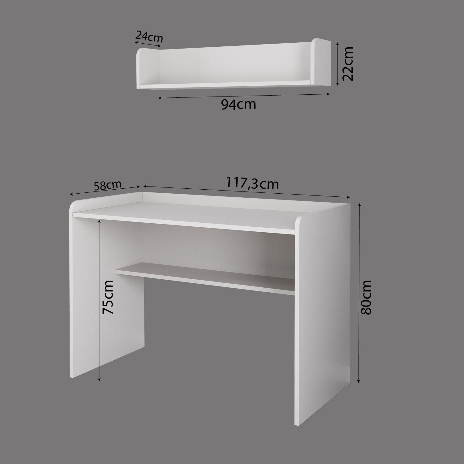Bimossa V21 Daffy Duvar Raflı Çalışma Masası Seti - 117,3 cm Geniş, 94 cm Duvar Raflı ve Yuvarlatılmış Köşeli