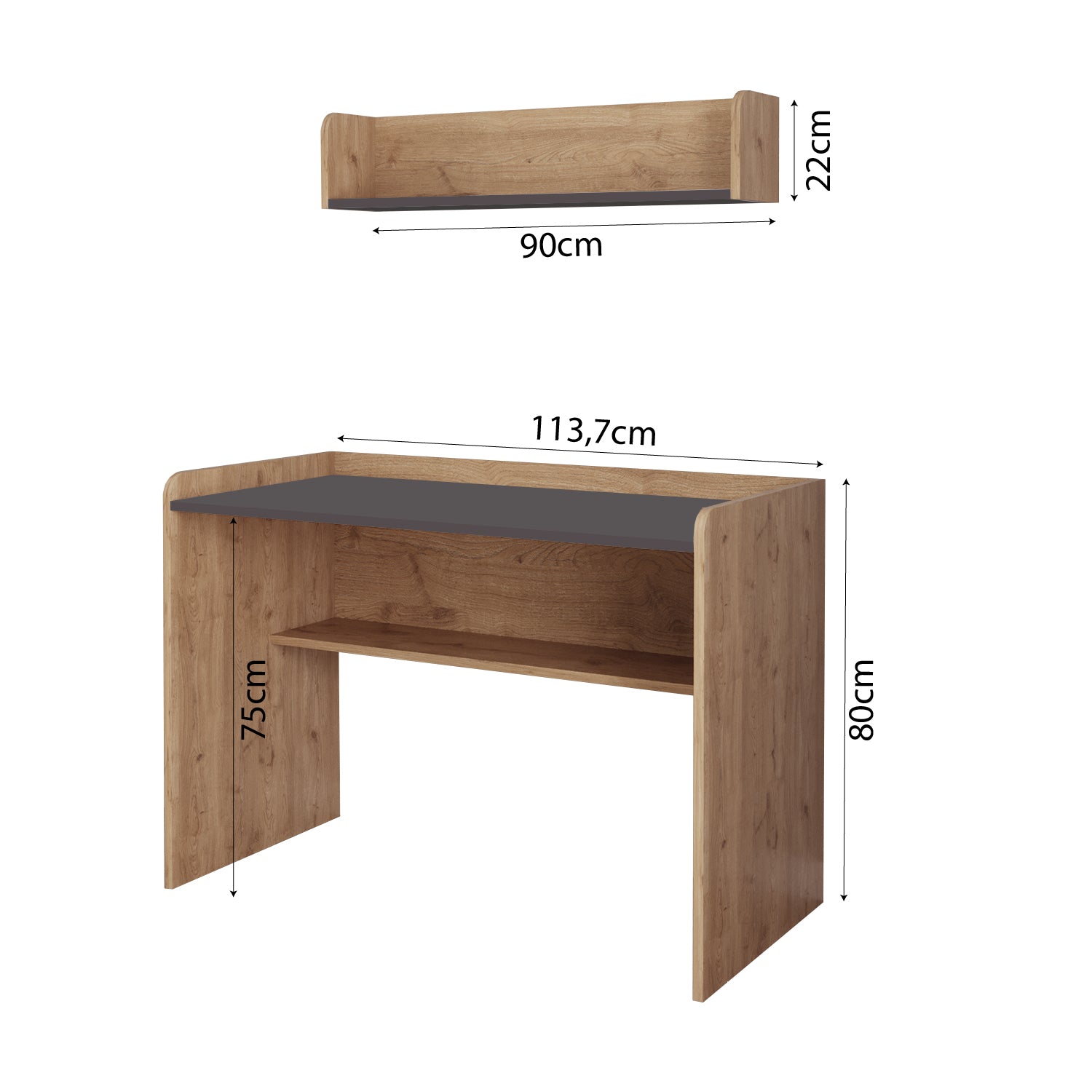 Bimossa V21 Daffy Duvar Raflı Çalışma Masası Seti - 113,7 cm Geniş, 90 cm Duvar Raflı ve Yuvarlatılmış Köşeli
