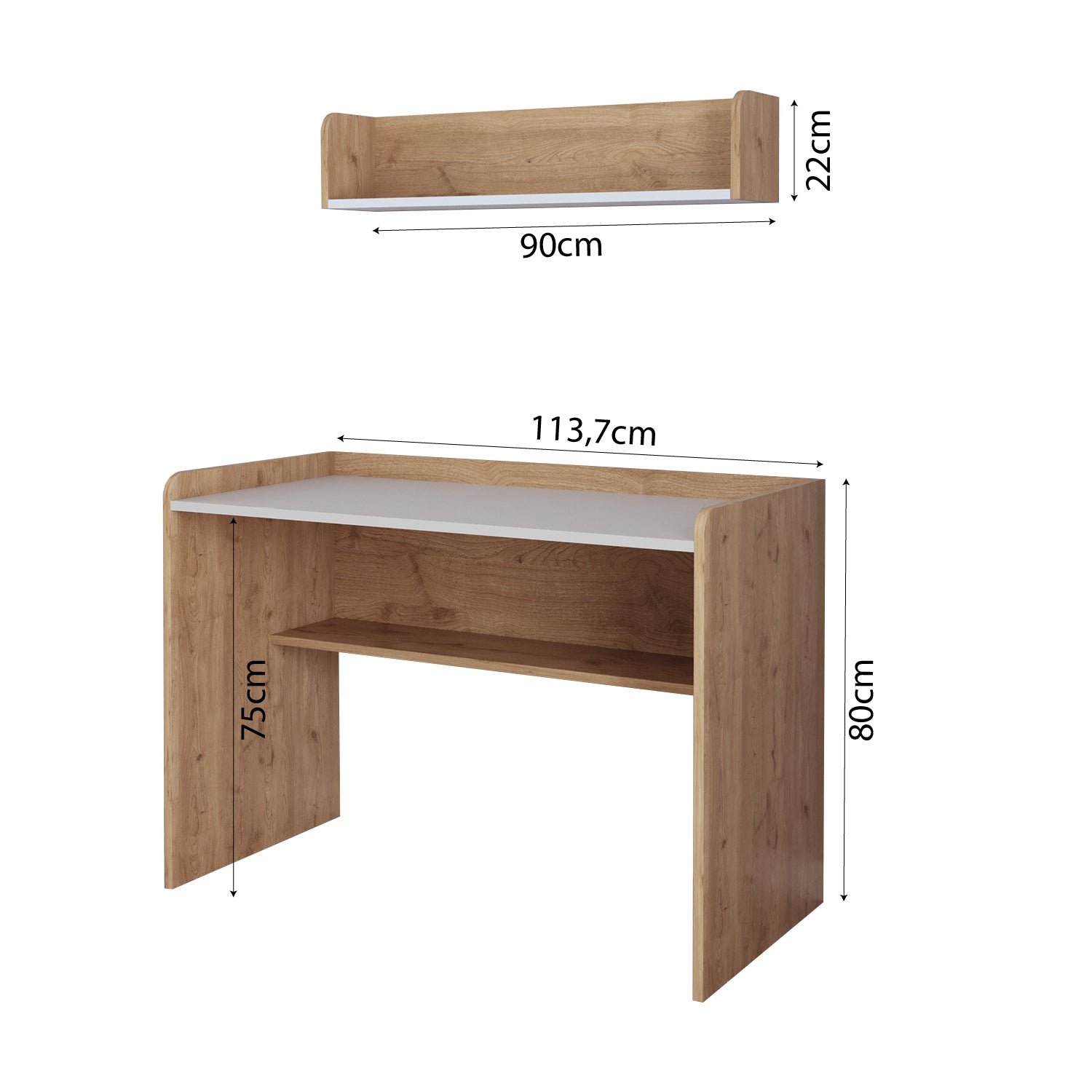 Bimossa V21 Daffy Duvar Raflı Çalışma Masası Seti - 113,7 cm Geniş, 90 cm Duvar Raflı ve Yuvarlatılmış Köşeli