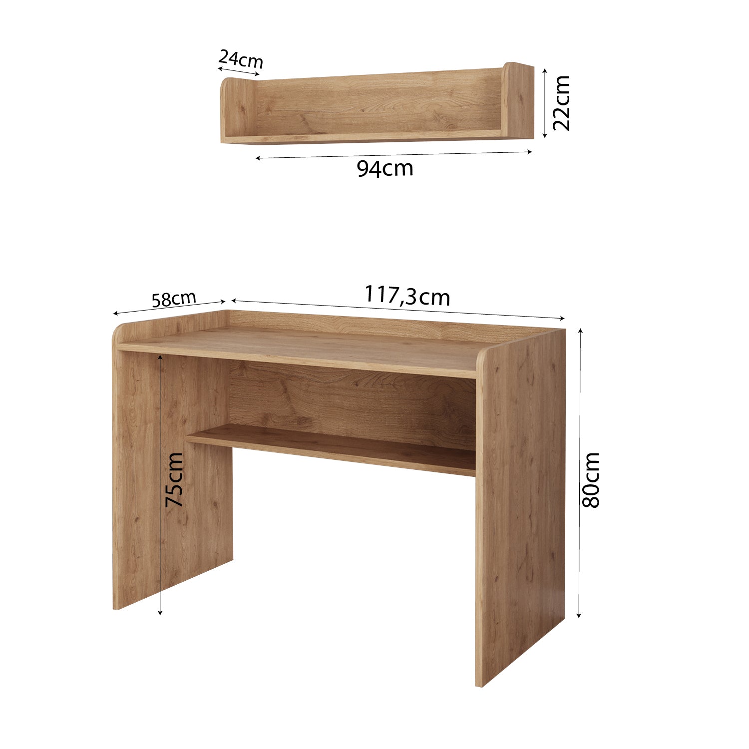 Bimossa V21 Daffy Duvar Raflı Çalışma Masası Seti - 117,3 cm Geniş, 94 cm Duvar Raflı ve Yuvarlatılmış Köşeli