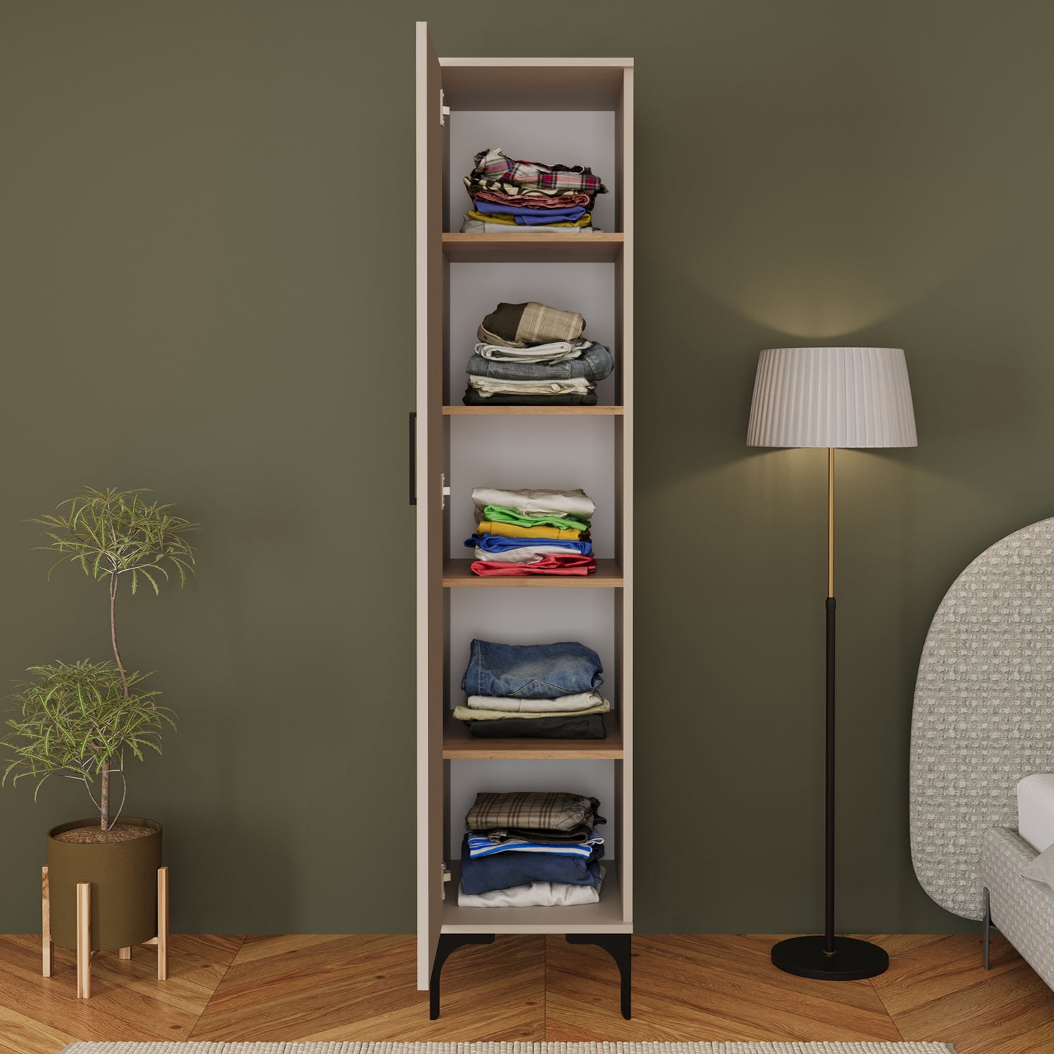 Bimossa K70 Loft 40 cm Tek Kapaklı Gardırop, 5 Raflı Elbise Dolabı, Aynasız Modern Metal Ayaklı Gardırop