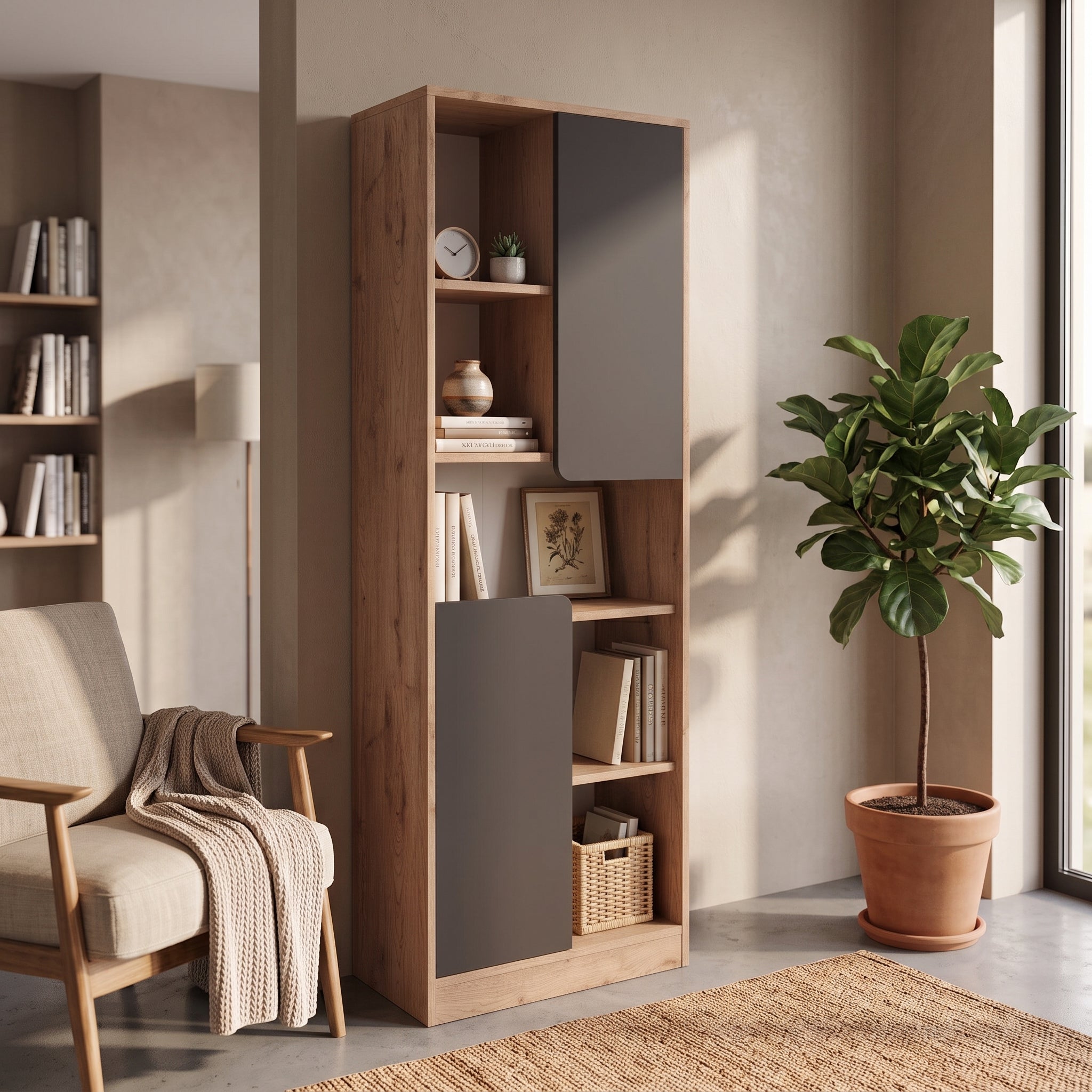 Bimossa W21 Daffy Kitaplık - 180 cm Yüksek, 2 Kapaklı, Raflı ve 9 Bölmeli Çok Amaçlı Dolap
