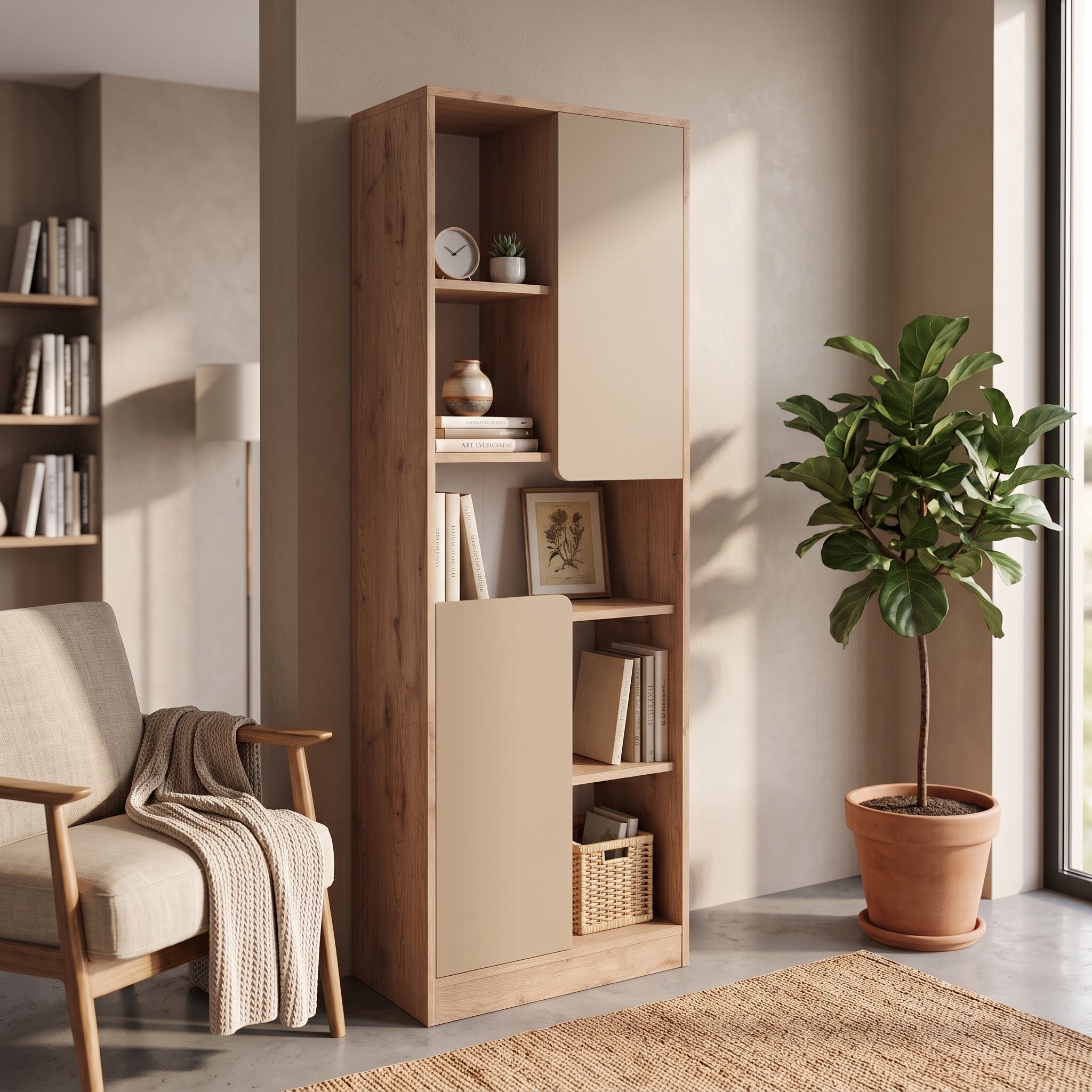 Bimossa W21 Daffy Kitaplık - 180 cm Yüksek, 2 Kapaklı, Raflı ve 9 Bölmeli Çok Amaçlı Dolap