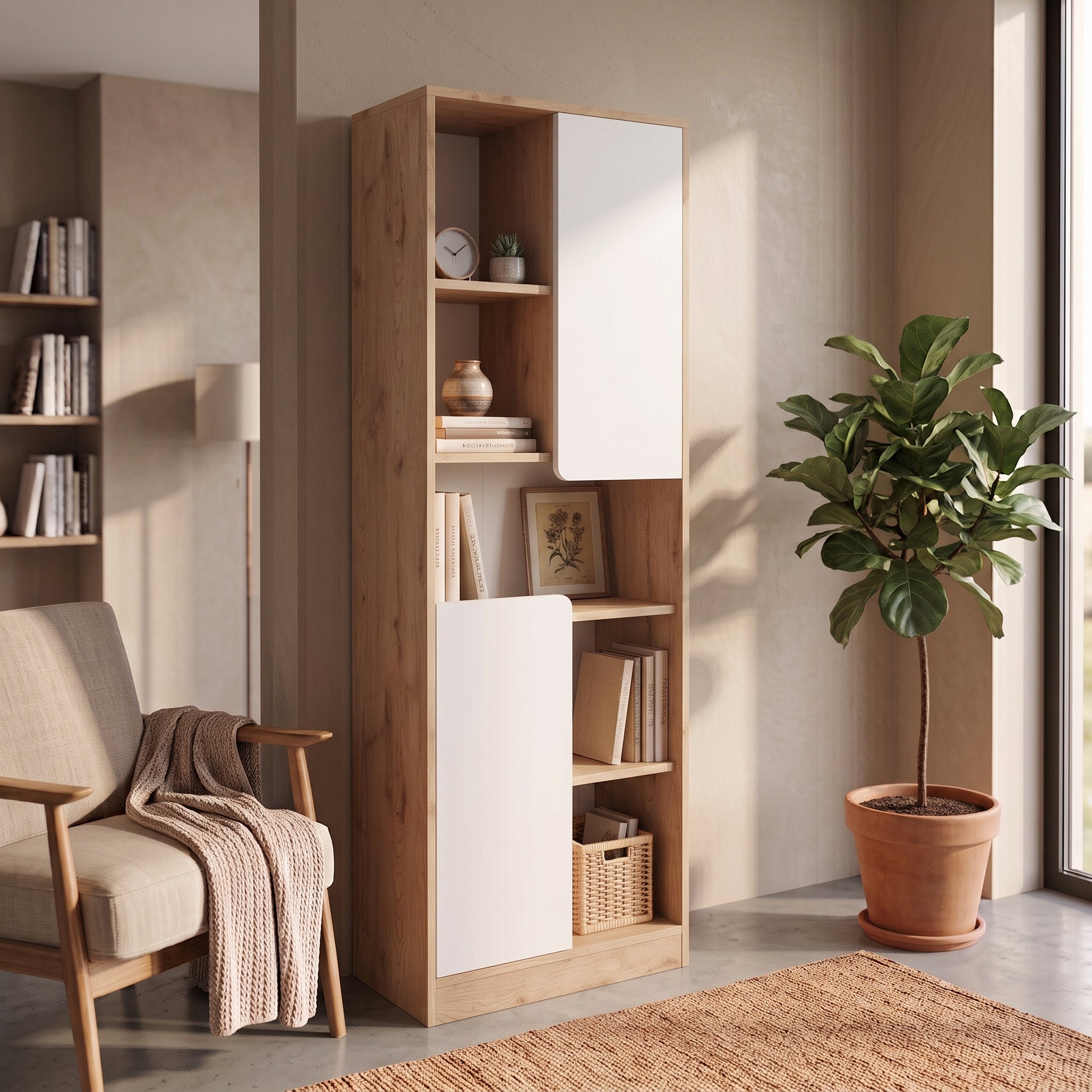 Bimossa W21 Daffy Kitaplık - 180 cm Yüksek, 2 Kapaklı, Raflı ve 9 Bölmeli Çok Amaçlı Dolap