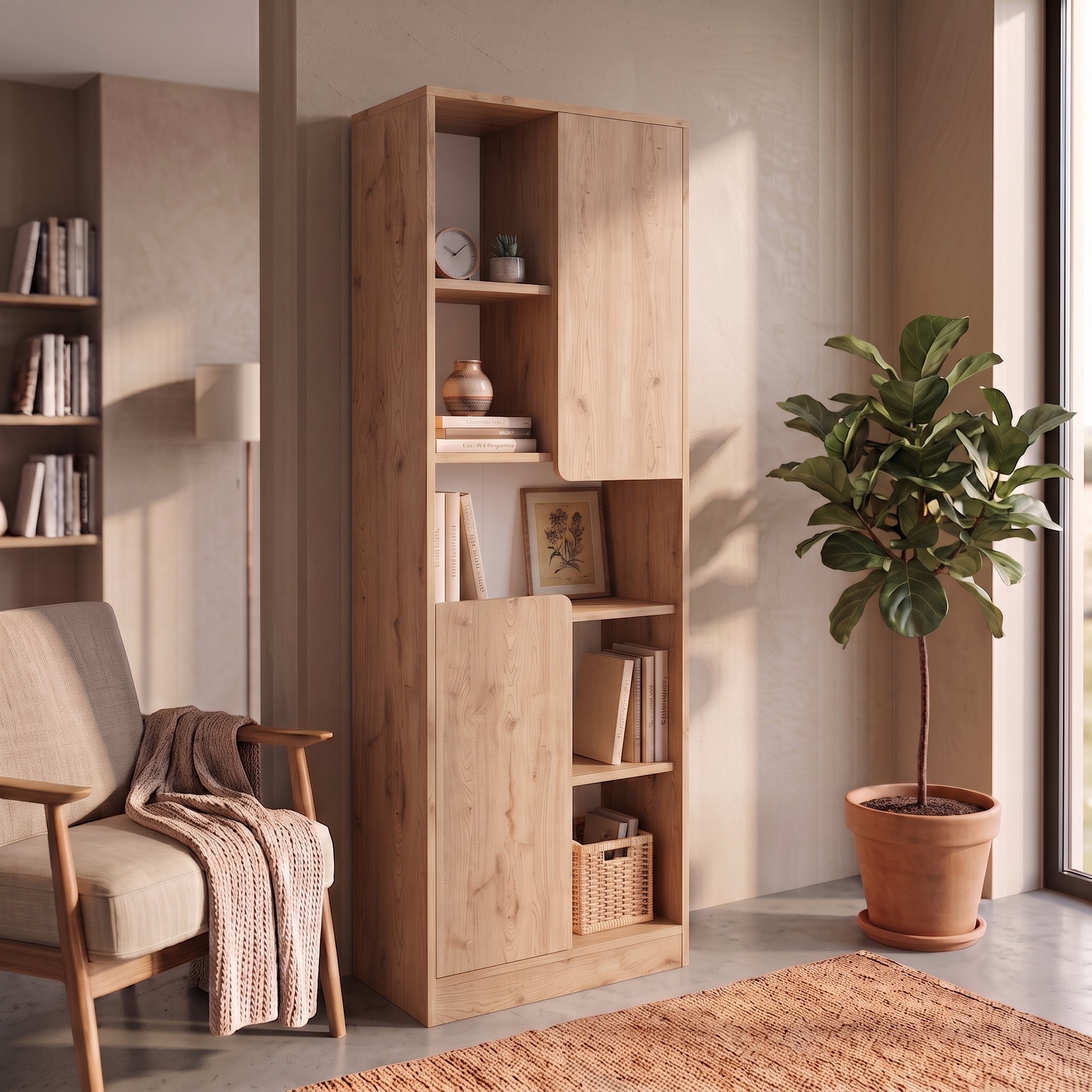 Bimossa W21 Daffy Kitaplık - 180 cm Yüksek, 2 Kapaklı, Raflı ve 9 Bölmeli Çok Amaçlı Dolap