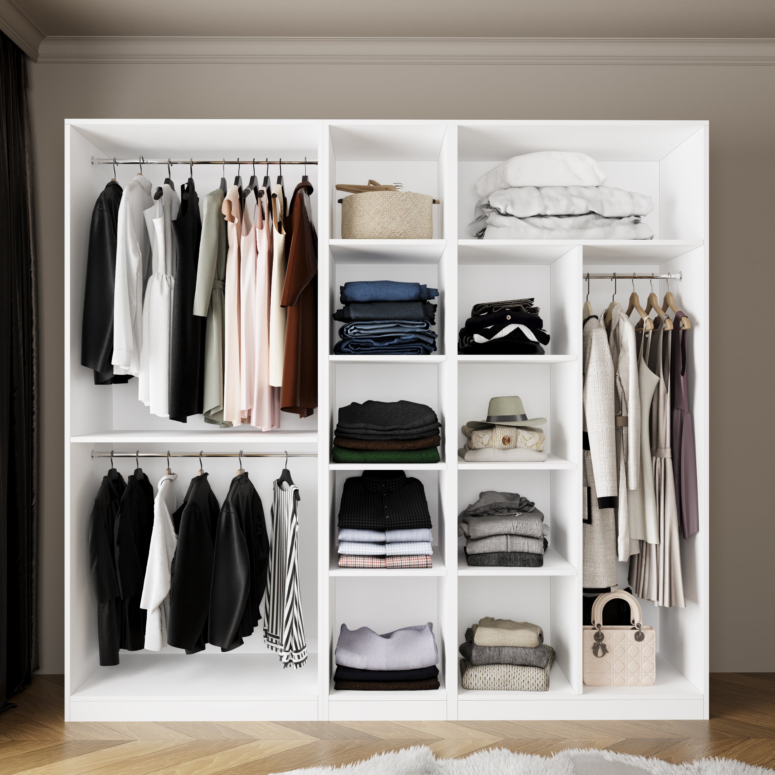 Bimossa KD70 Goss 225 cm Üçlü Dar, 3 Bölmeli  Açık Gardırop, 3 Askı Alanlı, 9 Raflı ve 1 Büyük Raflı Beyaz Giyinme Dolabı