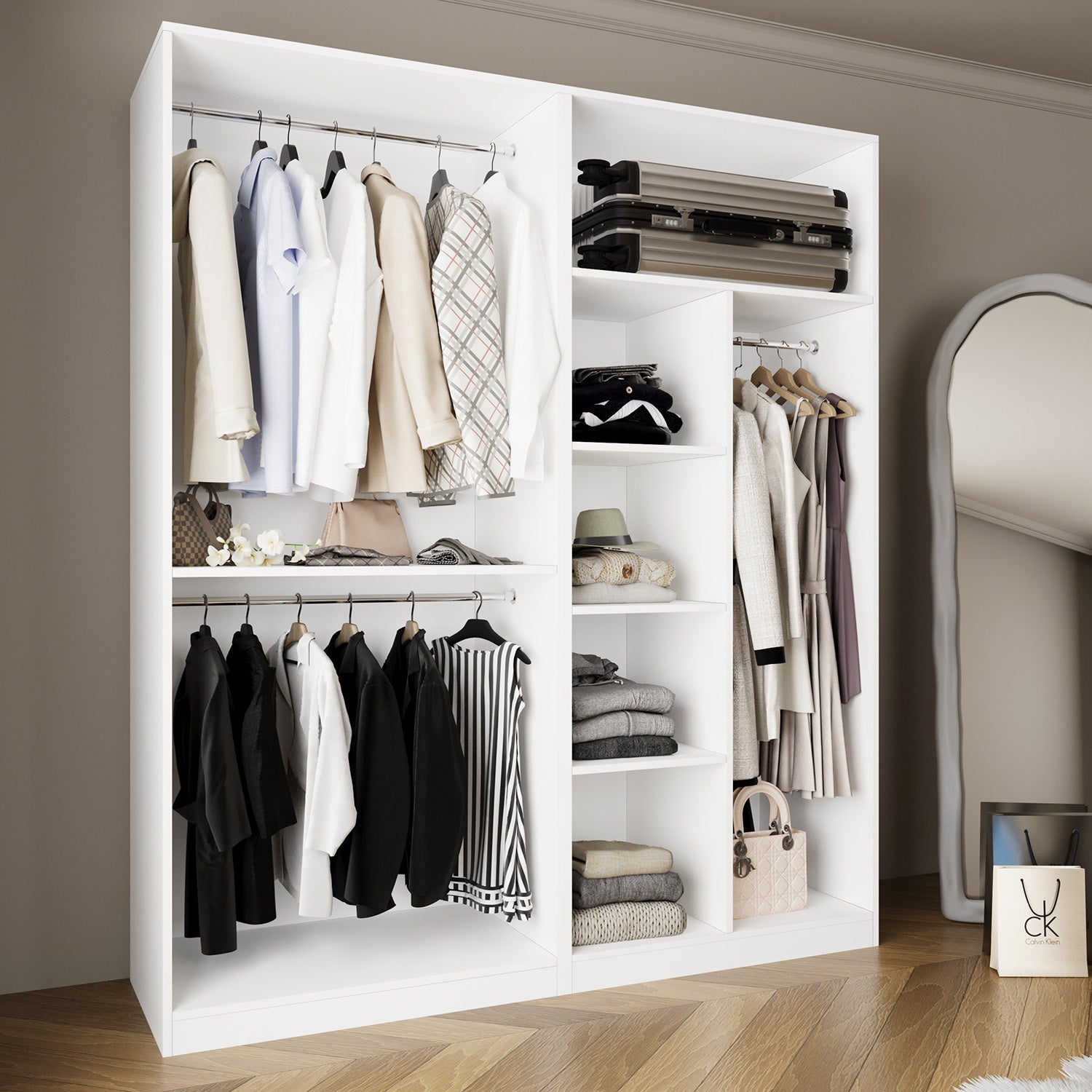 Bimossa KC30 Goss 180 cm İkili Geniş Açık Gardırop Sistemi, Çift Boy Askılı, 5 Raflı Kapaksız Beyaz Elbise Dolabı