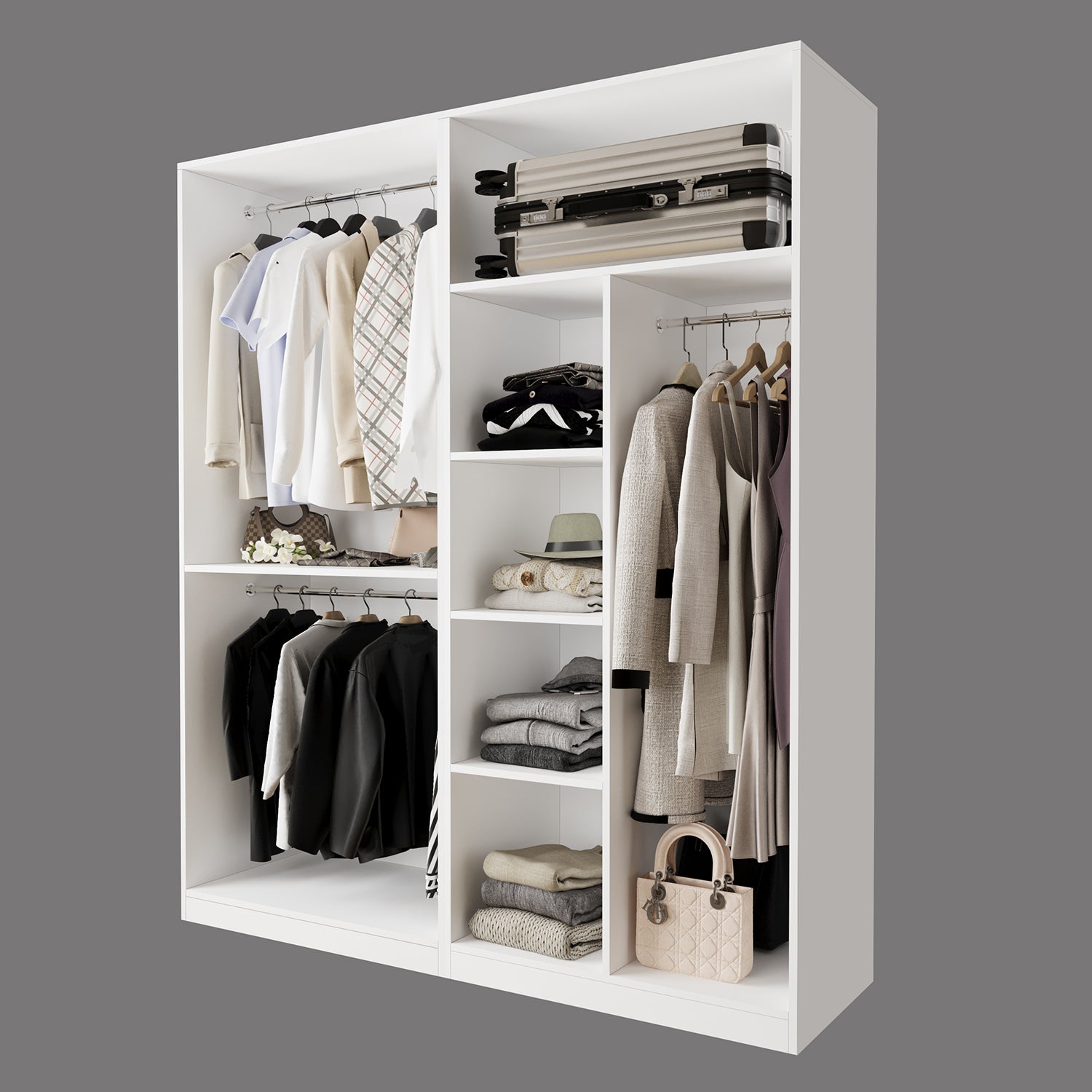 Bimossa KC30 Goss 180 cm İkili Geniş Açık Gardırop Sistemi, Çift Boy Askılı, 5 Raflı Kapaksız Beyaz Elbise Dolabı