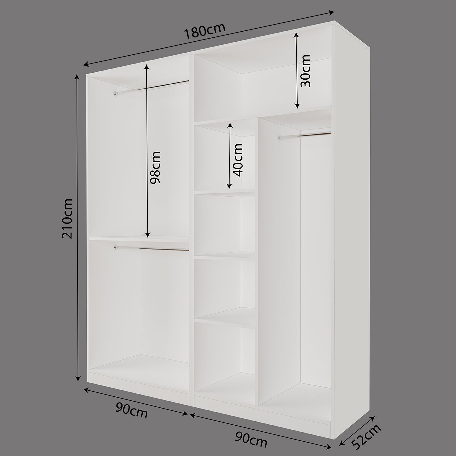 Bimossa KC40 Goss 180 cm İkili Geniş 4 Kapaklı, 3 Askılı, Yüklüklü, 4 Raflı Geniş Elbise Dolabı, Modern Beyaz Kapaklı Gardırop