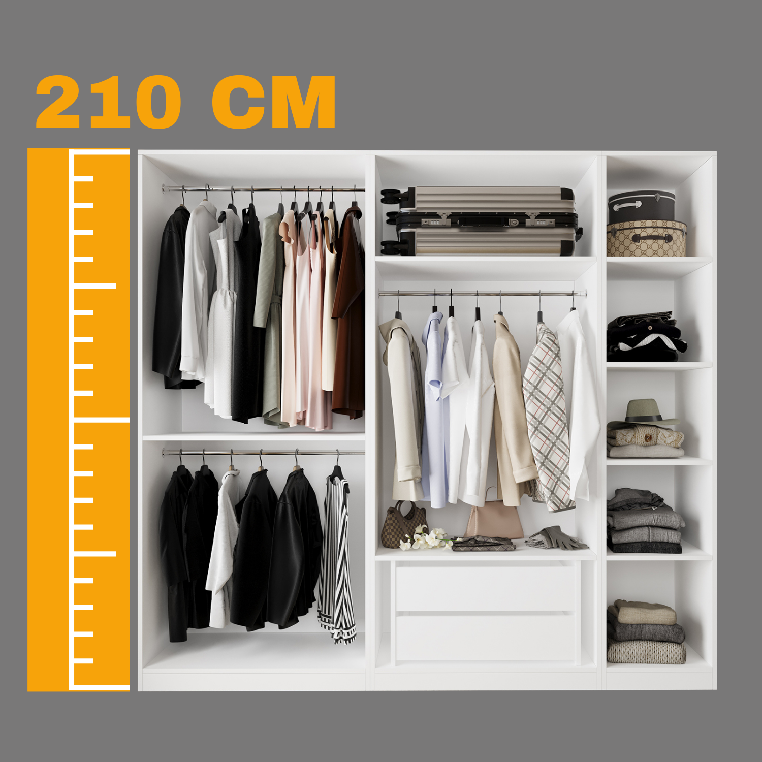 Bimossa KD50 Goss 225 cm Üçlü Dar, 3 Bölmeli Açık Gardırop, Boy Askılı, 5 Raflı ve 2 Çekmeceli Beyaz Dolap