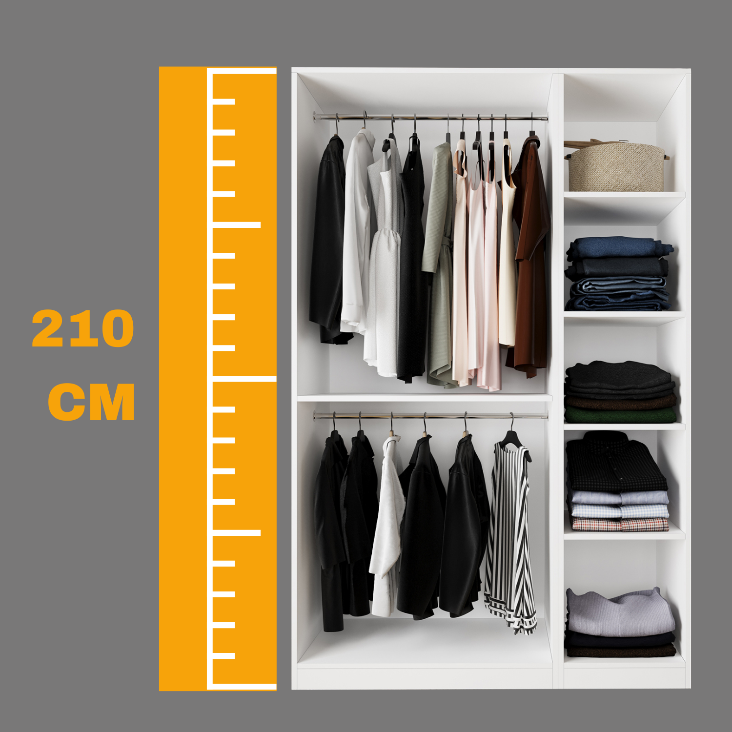 Bimossa KB70 Goss İkili 135 cm Kapaksız İki Bölmeli Dar Gardırop, Askılı ve Raflı Açık Giyinme Dolabı, Modern Tasarım Beyaz Elbise Dolabı