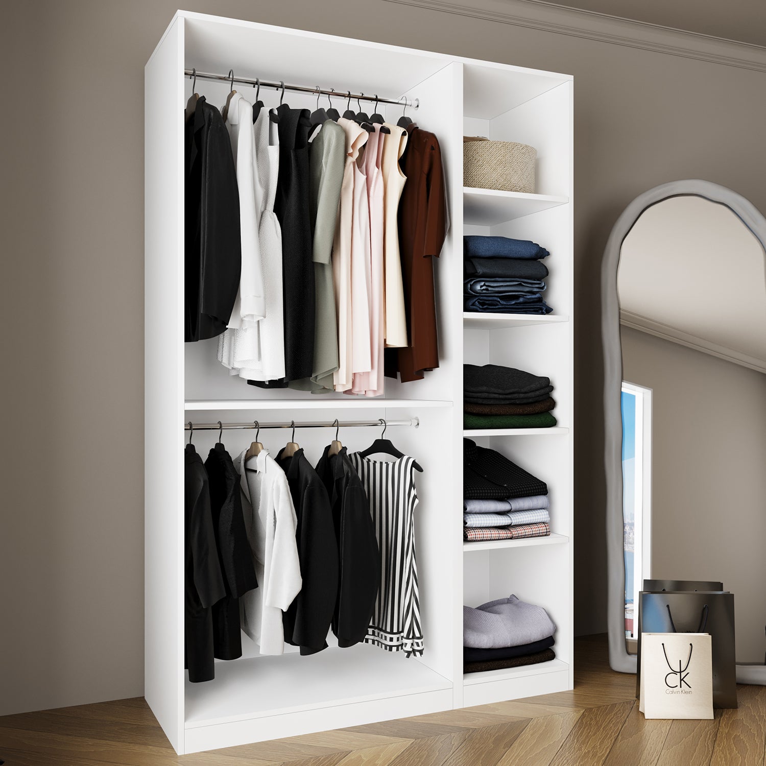 Bimossa KB70 Goss İkili 135 cm Kapaksız İki Bölmeli Dar Gardırop, Askılı ve Raflı Açık Giyinme Dolabı, Modern Tasarım Beyaz Elbise Dolabı