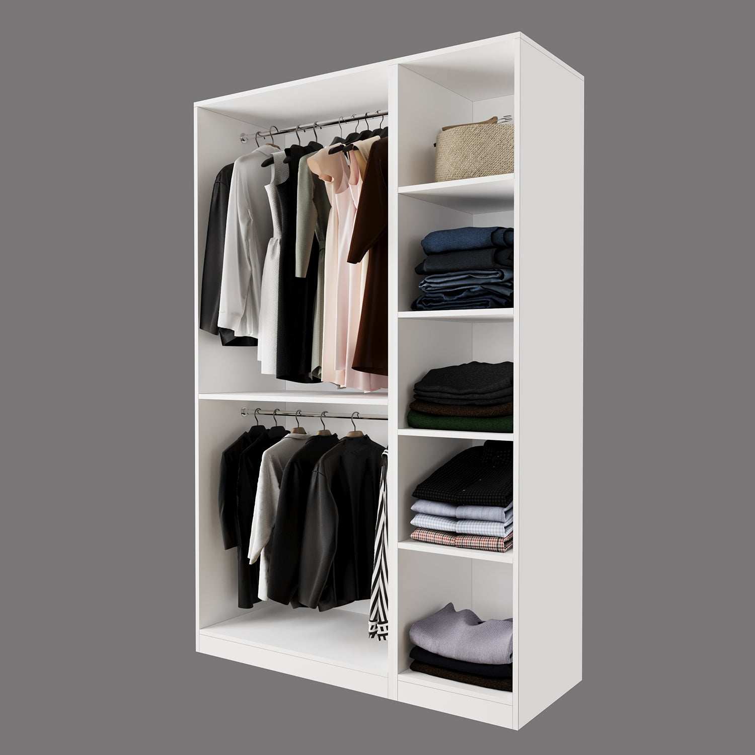 Bimossa KB70 Goss İkili 135 cm Kapaksız İki Bölmeli Dar Gardırop, Askılı ve Raflı Açık Giyinme Dolabı, Modern Tasarım Beyaz Elbise Dolabı