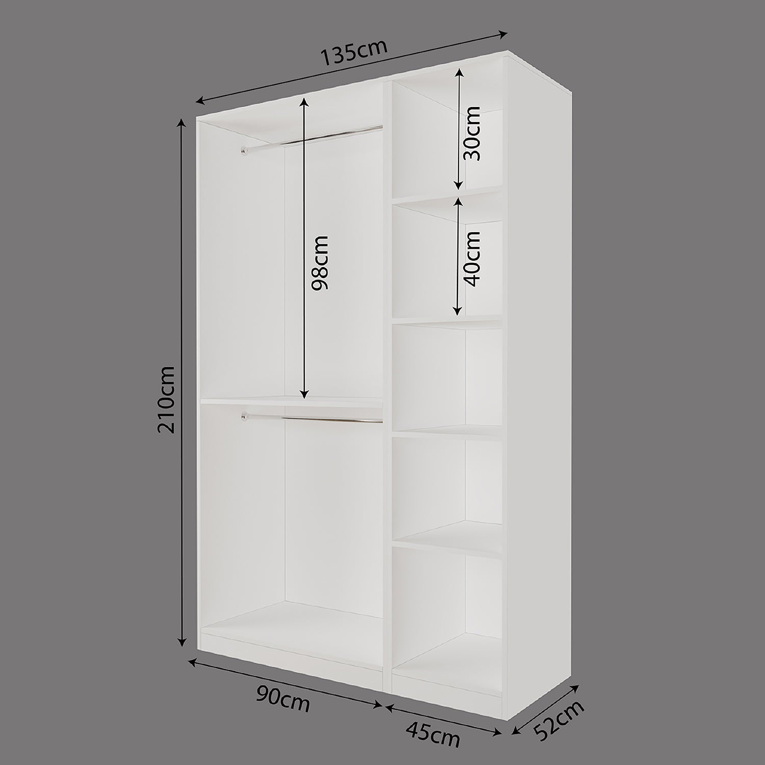Bimossa KB70 Goss İkili 135 cm Kapaksız İki Bölmeli Dar Gardırop, Askılı ve Raflı Açık Giyinme Dolabı, Modern Tasarım Beyaz Elbise Dolabı