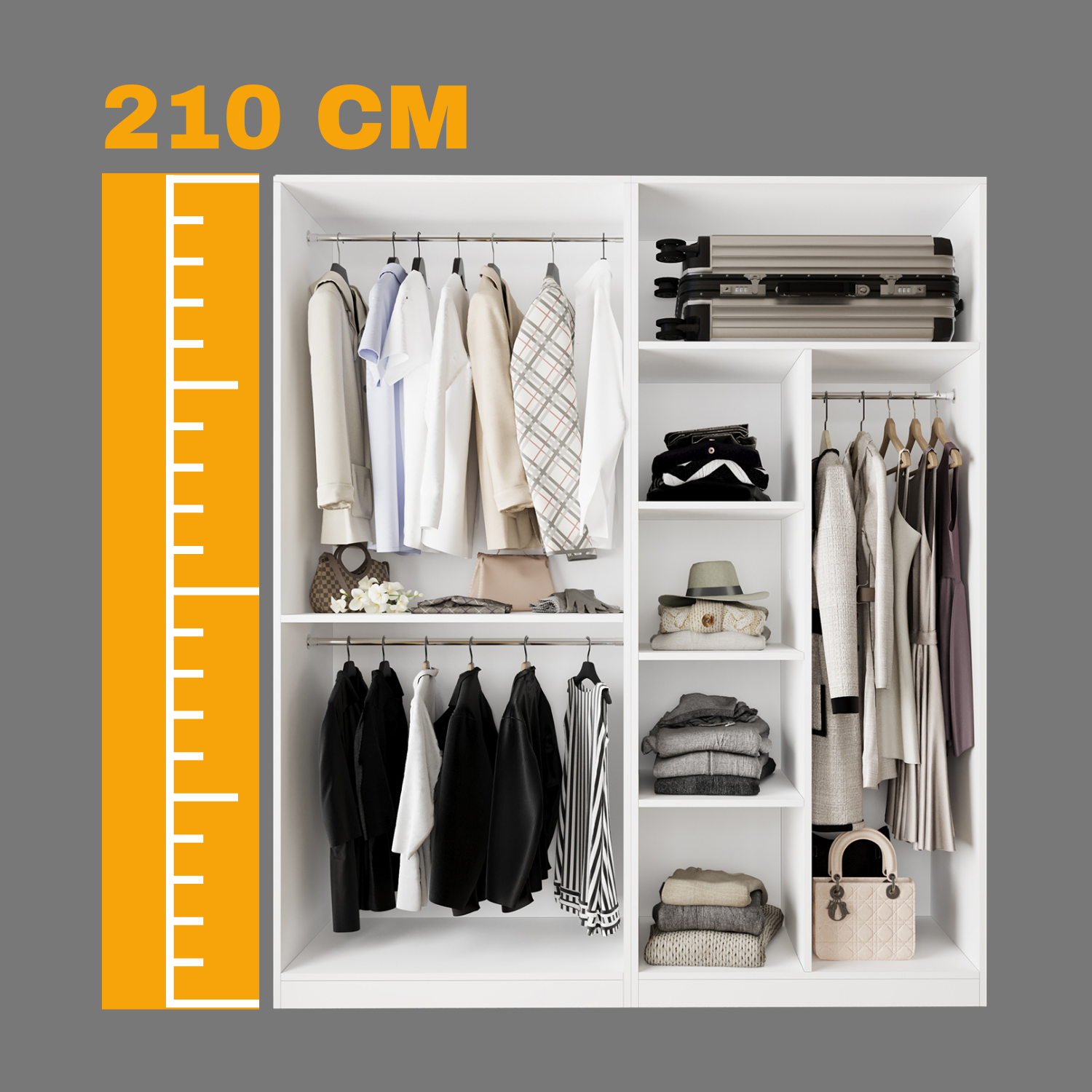 Bimossa KC30 Goss 180 cm İkili Geniş Açık Gardırop Sistemi, Çift Boy Askılı, 5 Raflı Kapaksız Beyaz Elbise Dolabı