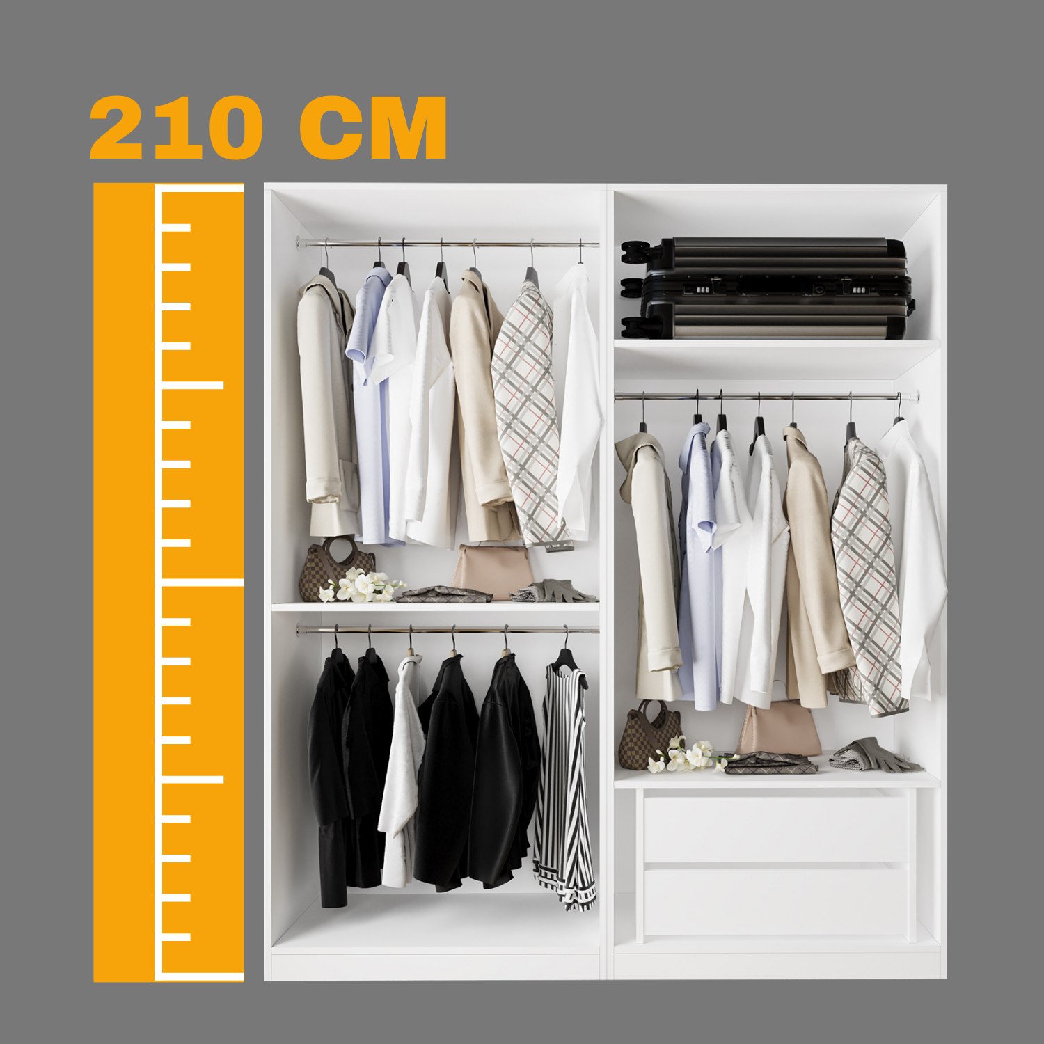 Bimossa KC70 Goss 180 cm İkili Geniş Çift Askılı ve 2 Çekmeceli Açık Gardırop, Kapaksız Beyaz Elbise Dolabı